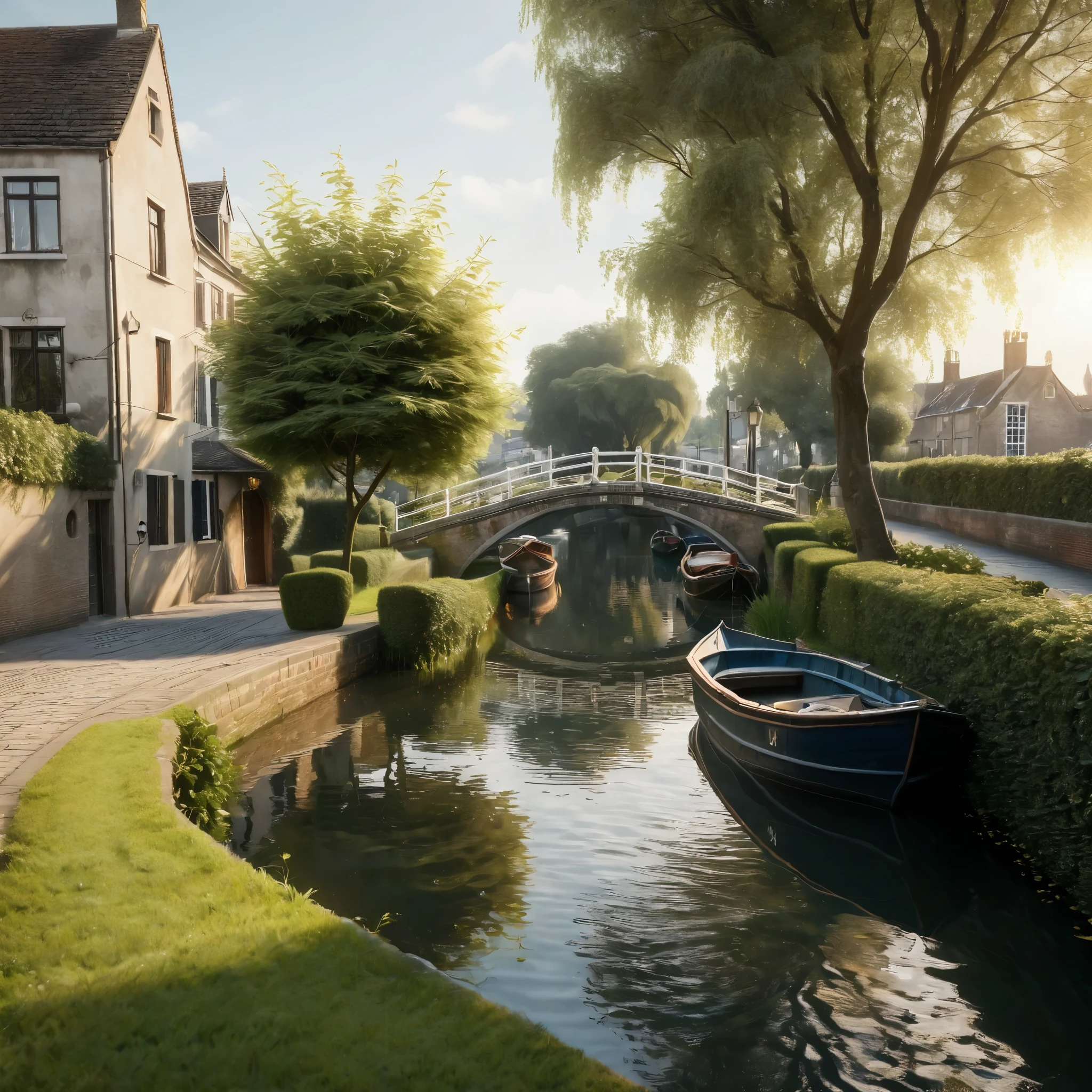 A tranquil canal scene with a paved walkway running along the right side, bordered by well-manicured bushes and lush green foliage. A small wooden boat is docked by the canal, its bow slightly pointing towards the water. The canal itself is calm, with gentle ripples created by a group of ducks swimming near the center. Overhanging the canal is a large, leafy tree branch adorned with several hanging lanterns of various shapes and sizes. The lanterns are made of intricate glass and metal, casting a warm, soft glow. In the background, a white arched bridge spans the canal, with houses lining the opposite bank. The entire scene is bathed in the golden light of either early morning or late afternoon, creating a serene and picturesque atmosphere., hyper realistic, 8k, vibrant colors