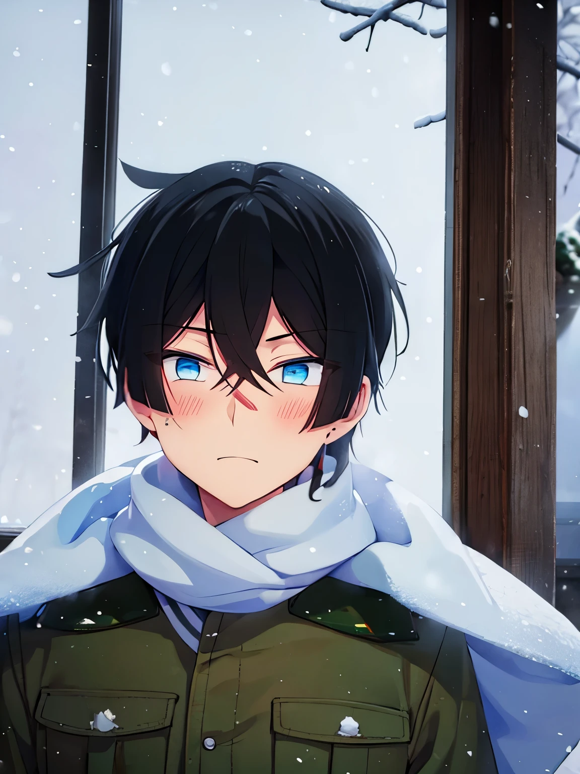 1boy,army uniform,sit,At the north pole,snowing, shock expression,, looking away, looking away, half body photo