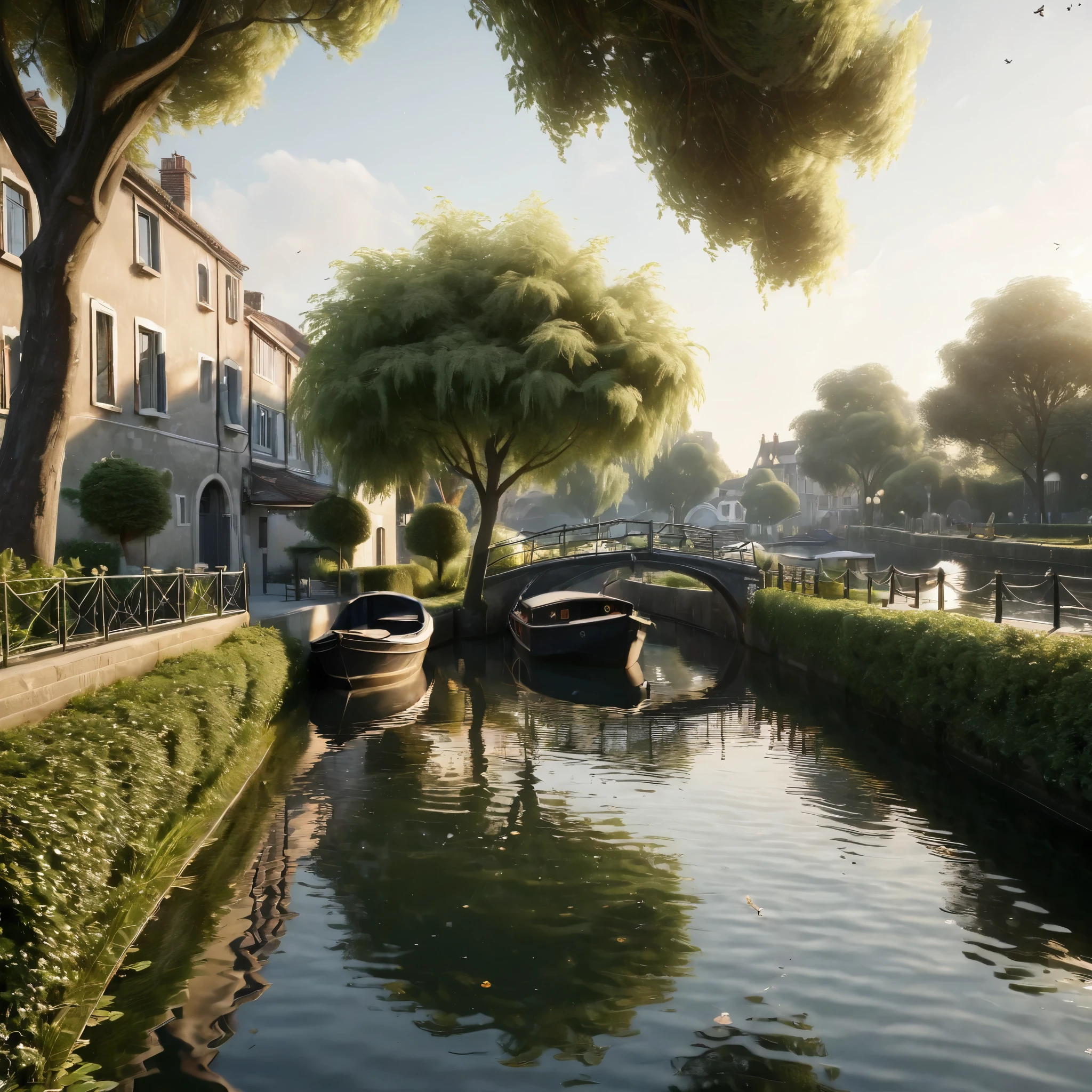 A tranquil canal scene with a paved walkway running along the right side, bordered by well-manicured bushes and lush green foliage. A small wooden boat is docked by the canal, its bow slightly pointing towards the water. The canal itself is calm, with gentle ripples created by a group of ducks swimming near the center. Overhanging the canal is a large, leafy tree branch adorned with several hanging lanterns of various shapes and sizes. The lanterns are made of intricate glass and metal, casting a warm, soft glow. In the background, a white arched bridge spans the canal, with houses lining the opposite bank. The entire scene is bathed in the golden light of either early morning or late afternoon, creating a serene and picturesque atmosphere., hyper realistic, 8k, vibrant colors