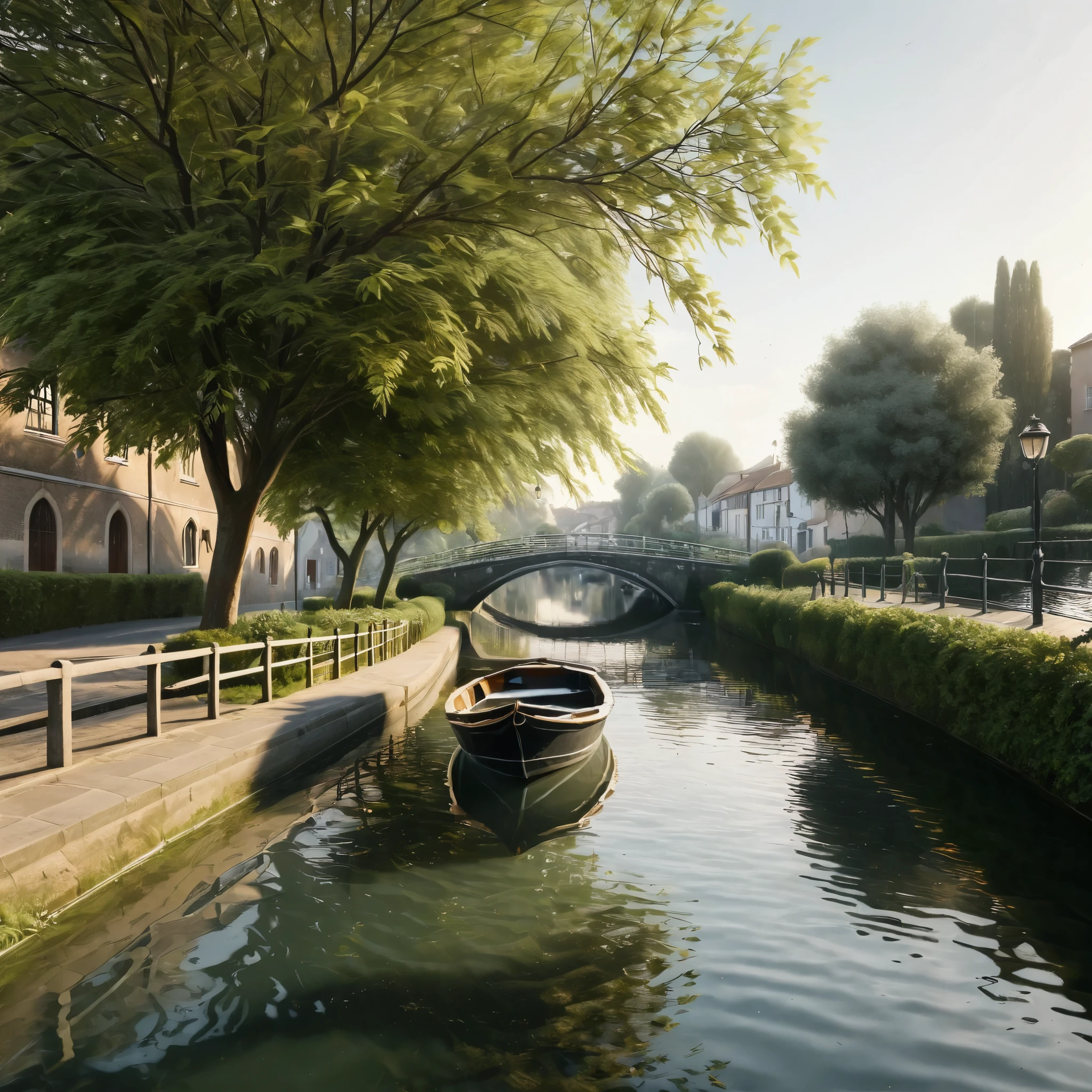 A tranquil canal scene with a paved walkway running along the right side, bordered by well-manicured bushes and lush green foliage. A small wooden boat is docked by the canal, its bow slightly pointing towards the water. The canal itself is calm, with gentle ripples created by a group of ducks swimming near the center. Overhanging the canal is a large, leafy tree branch adorned with several hanging lanterns of various shapes and sizes. The lanterns are made of intricate glass and metal, casting a warm, soft glow. In the background, a white arched bridge spans the canal, with houses lining the opposite bank. The entire scene is bathed in the golden light of either early morning or late afternoon, creating a serene and picturesque atmosphere., hyper realistic, 8k, vibrant colors