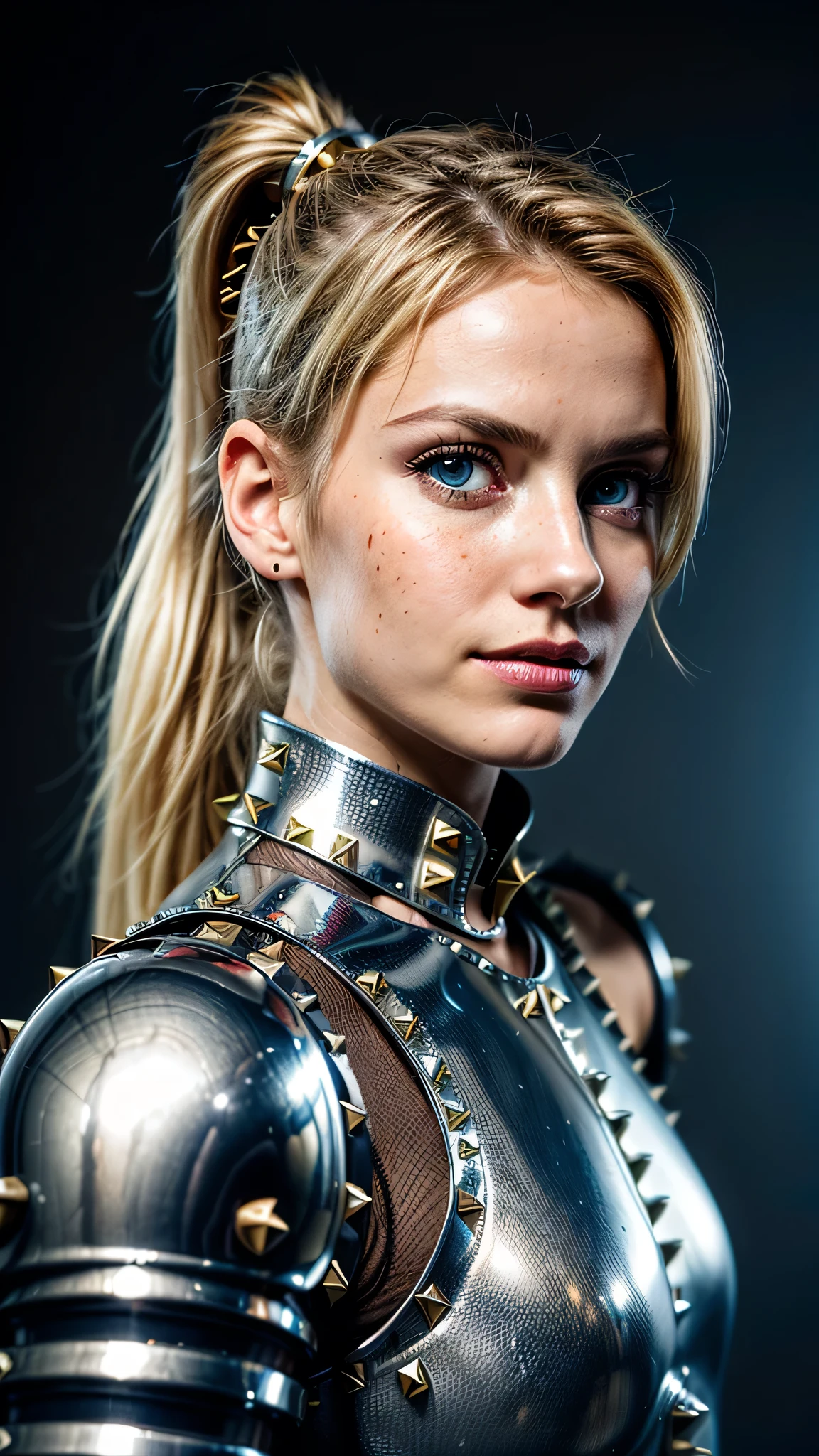 ((best quality: 1.5)) ((masterpiece: 0.8)), intricate details, sharp focus, professional, ((solo, 1girl) athletic cleric, (suntanned, dark skin, mysterious expression)), bright glow, dynamic pose, gorgeous, contoured shading, dark room, dark background, black background, solo, BREAK; BREAK ((smirking, ((long straight blonde hair, ponytail, portrait)), iceblue eyes)), ((freckles: 0.9)), ((fujicolor)), BREAK; BREAK ((((medieval (beige chrome paladin armor:1.8 (gold rivets))), photorealistic:1.4, hyper-realistic, professional lighting, photon mapping, radiosity, physically based rendering, ultra resolution, hyper-realistic, metal reflections)))