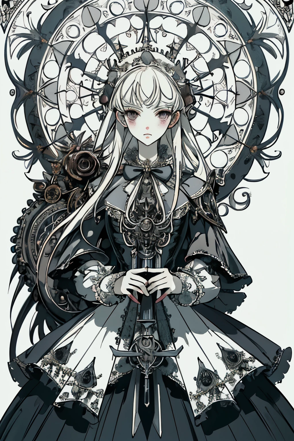 ((best quality)), ((masterpiece)), (detailed), perfect face ((best quality)), ((masterpiece)), (detailed), blank white background, plain background, white background, Bloodborne inspired, occult aesthetic, occult, detailed and intricate steampunk and detailed gothic, (zentangle, mandala, tangle, entangle), NSFW, torn clothing, Very dramatic and cinematic lighting, cosmic horror, grim-dark, side-lighting, perfect face, a beautiful goddess adorned and enshrined in armour, Bloodborne inspired , occult aesthetic , occult , detailed and intricate steampunk and detailed gothic , wielding a sword and holding a shield, NSFW, Fluttering lace flared dress with frilly petticoats, knee length dress, pleated petticoats, ta dress, petticoats gothic loliside-lighting, gothic lolita aetic, beautiful small breasts, small breasts, full body, whole body, body, plain background, white background, blank background, no background, white background NSFW, full body, whole body, head-to-toe