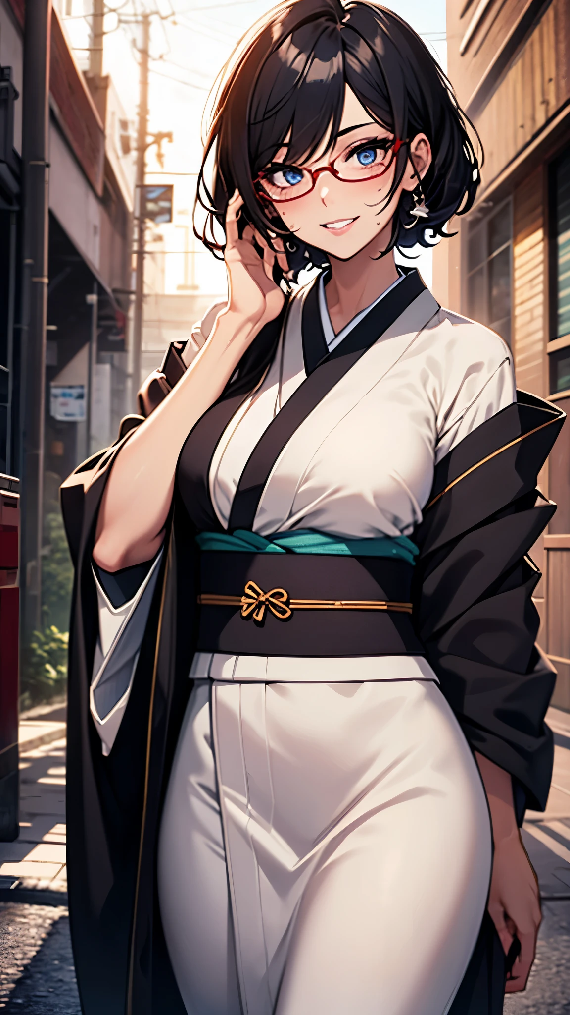 (1girl:1.3), Masterpiece, Best quality, amazing beauty, [[3D]], 4K, absurdres, finely detail, super detailed eye, perfect anatomy, official art, cinematic lighting, BREAK, garden, moon, silky pixie cut, black hair, super shiny detailed blue eyes, big eyes, tareme, cute eyes, thin eyebrow, Looking Over Shoulder, thin lips, toothy grin, mascara, Eyeshadow, red lips, red round cell frame glasses, blush, BREAK , big breasts, tall, medium, fair skin, sweaty skin, dancing, cowboy shot, from front, BREAK , (wearing beautiful kimono:1.2), BREAK,(Glasses)