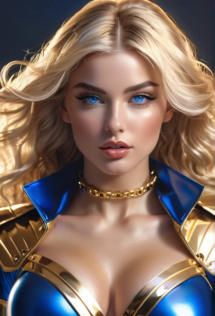 Sexy superheroine wavy blonde hair glowing blue eyes wears a blue outfit gold shoulder pads gold bracelets revealing abs midriff a Z symbol on her chest portrait photography by artgerm, in the style of realism, glistening skin, cartooncore, mangacore, natural lighting, Defined full lips. Muscular fitness feminine body