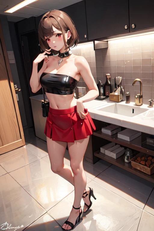 ((best quality)), ((masterpiece)), (detailed), perfect face, short straight hair, light brown hair, red strapless crop top, black mini skirt, full body, red eyes