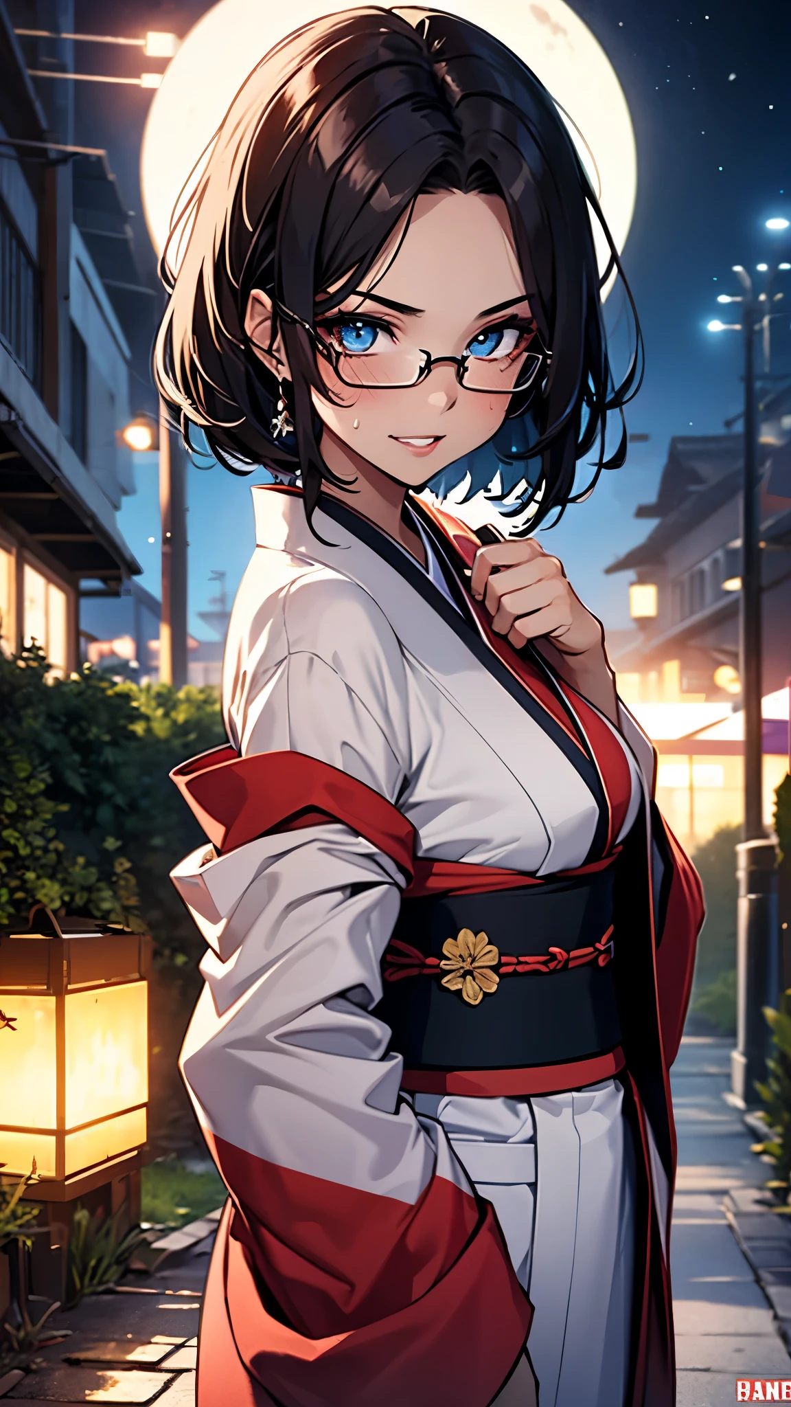 (1girl:1.3), Masterpiece, Best quality, amazing beauty, [[3D]], 4K, absurdres, finely detail, super detailed eye, perfect anatomy, official art, cinematic lighting, BREAK, garden, moon, silky pixie cut, black hair, super shiny detailed blue eyes, big eyes, tareme, cute eyes, thin eyebrow, Looking Over Shoulder, thin lips, toothy grin, mascara, Eyeshadow, red lips, red round cell frame glasses, blush, BREAK , big breasts, tall, medium, fair skin, sweaty skin, dancing, cowboy shot, from front, BREAK , (wearing beautiful kimono:1.2), BREAK,(Glasses)