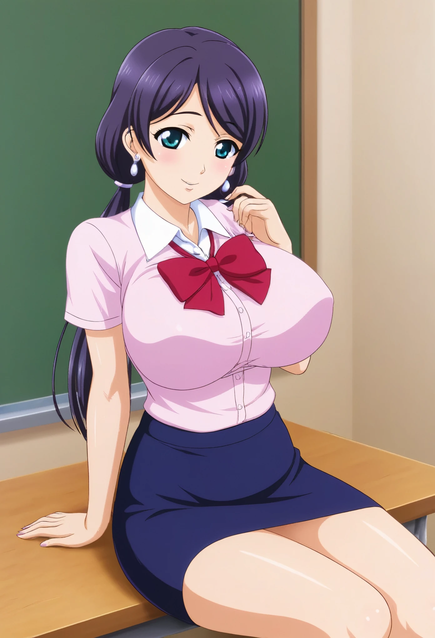 Masterpiece, best quality,Nozomi Tojo, cowboy shot,low twintails ,big breasts, shirt , skirt,earrings, in class, sitting above desk table