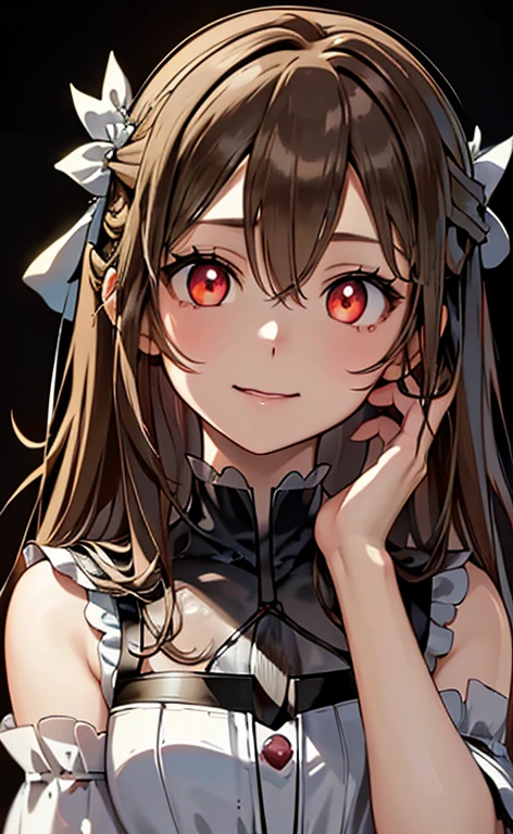(Photorealistic:1.4)、(asuna,20-year-old:1.5),(masterpiece、lens flare:1.5、spot light:1.2、Exquisite beautiful eye:1.5,portlate),(kind eyes),()
、Cute Face、 3D Face、(brown hair:1.5)、(wavy hair:1.3),(1 woman)、(Red eyes:1.2)、(cowboy shot)、(clear face:1.5)、(head tilt) ,(Cute face:1.2),(flat chest),(),kind face,(white red lace frilled gothic lolita),(black background:1.5)、(glowing eyes:1.3)、(little crown:1.3)、 Neat and clean、Adorable、Slim Body(Tareme:1.5),Shiny Hair、(Glowing pink Skin)、Nijisketch,Manga,beautifuljapanesewoman