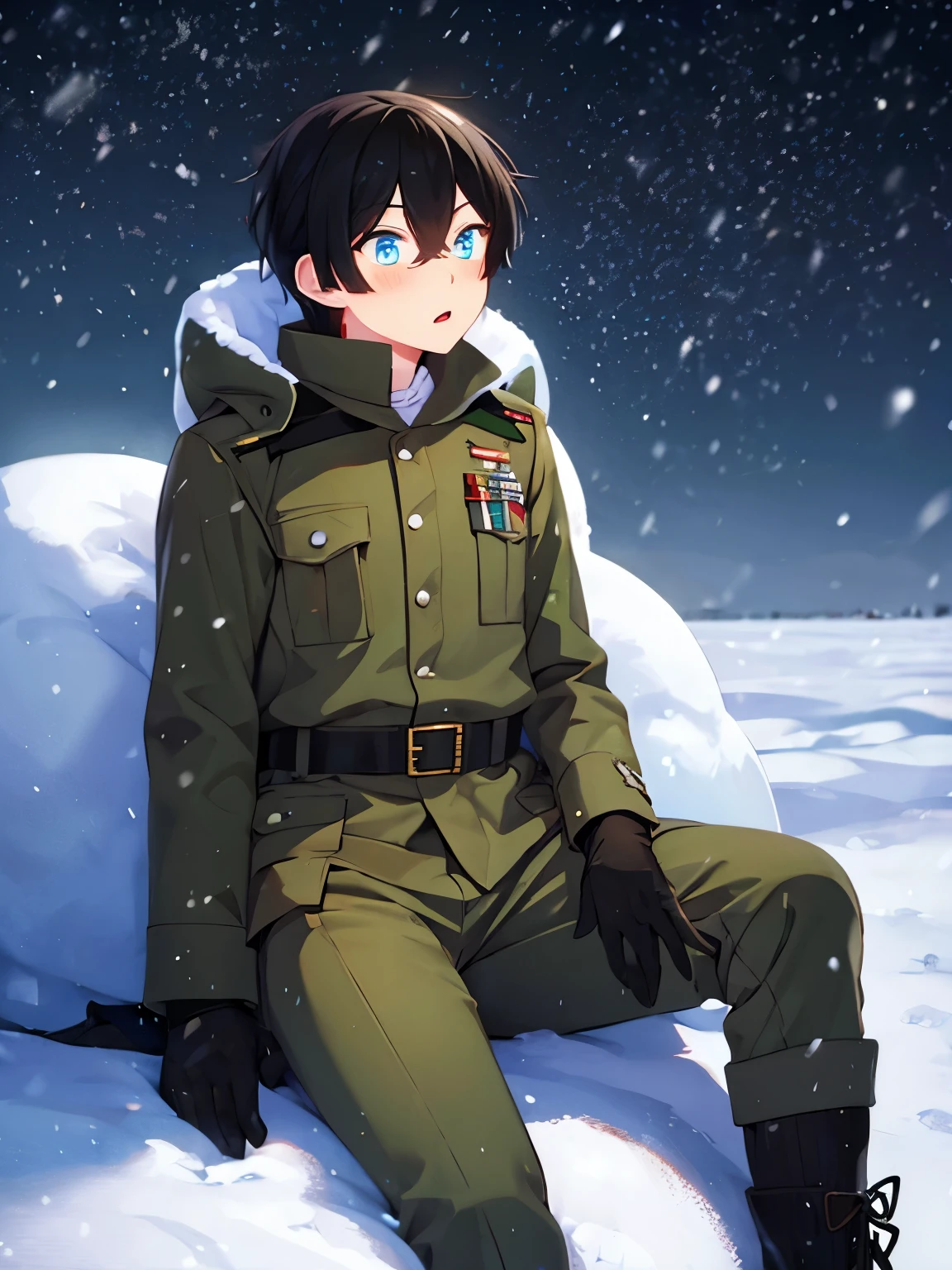 1boy,army uniform,sit,At the north pole,snowing, shock expression,, looking away, looking away, half body photo