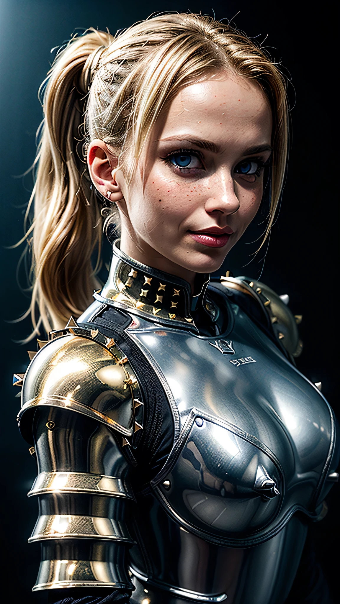 ((best quality: 1.5)) ((masterpiece: 0.8)), intricate details, sharp focus, professional, ((solo, 1girl) athletic cleric, (suntanned, dark skin, mysterious expression)), bright glow, dynamic pose, gorgeous, contoured shading, dark room, dark background, black background, solo, BREAK; BREAK ((smirking, ((long straight blonde hair, ponytail, portrait)), iceblue eyes)), ((freckles: 0.9)), ((fujicolor)), BREAK; BREAK ((((medieval (beige chrome paladin armor:1.8 (gold rivets))), photorealistic:1.4, hyper-realistic, professional lighting, photon mapping, radiosity, physically based rendering, ultra resolution, hyper-realistic, metal reflections)))