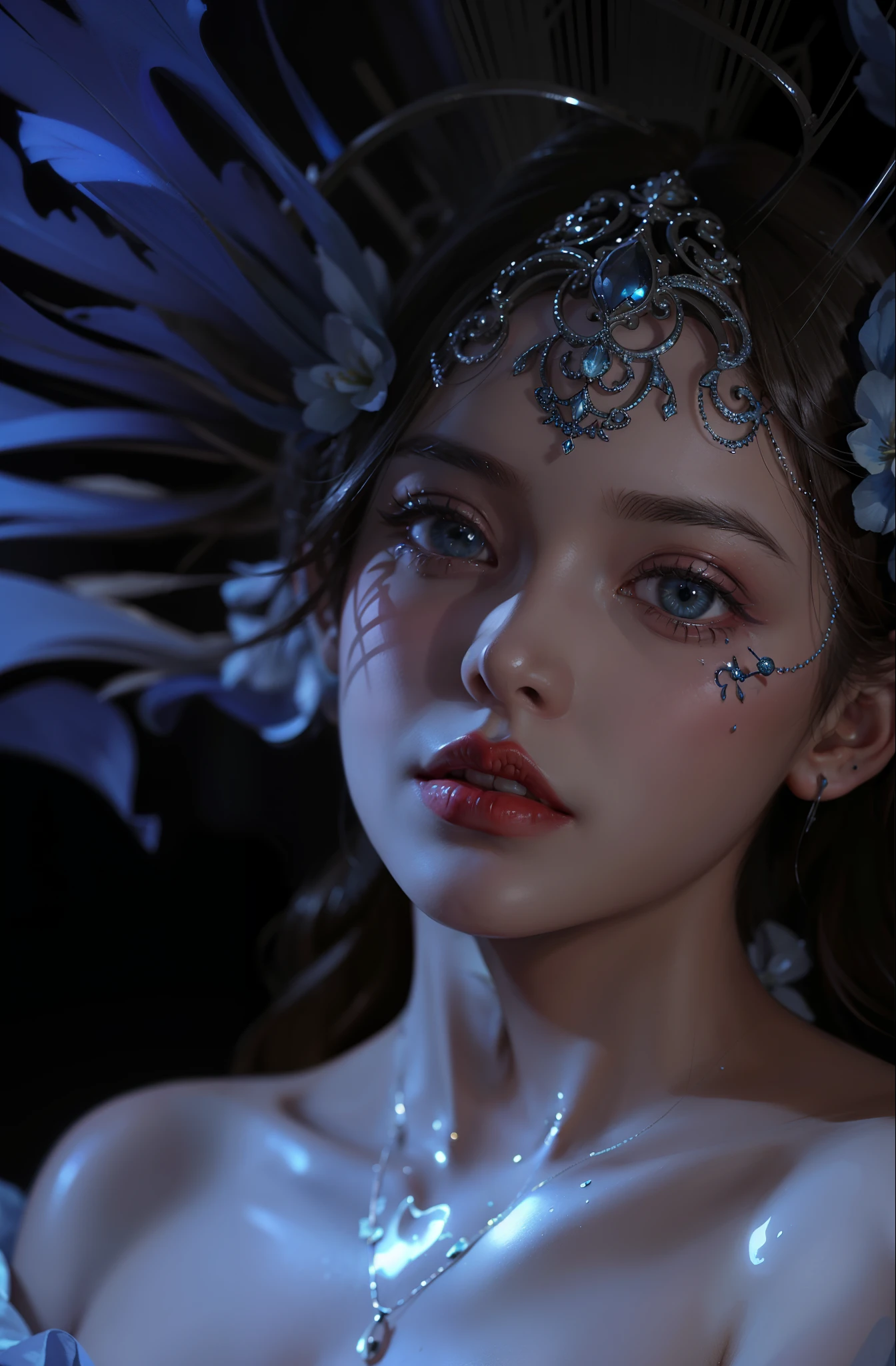 Royal princess,Super detailed, Delicate face, Stock Photography , Portrait 400, F1 Camera Lens.6, Colorful, Surrealism, Realistic textures, Dramatic Lighting, Thin Film Distiller 800 (8K, original photo, Better quality, masterpiece: 1.2), Super detailed, (Extremely delicate skin: 1.2), 8K Ultra HD, SLR camera, Soft Light, high quality.Fire Queen,Blue pupils,Apply red lipstick,Have a tattoo,The tattoo is very three-dimensional,Gorgeous and intricate tattoo designs,8K Mugshot,Large Breasts,Dark eyeshadow,Sexy thick lips(Red lipstick),Ice Princess,The facial features are very three-dimensional,Wear lace prints,Forest Crown