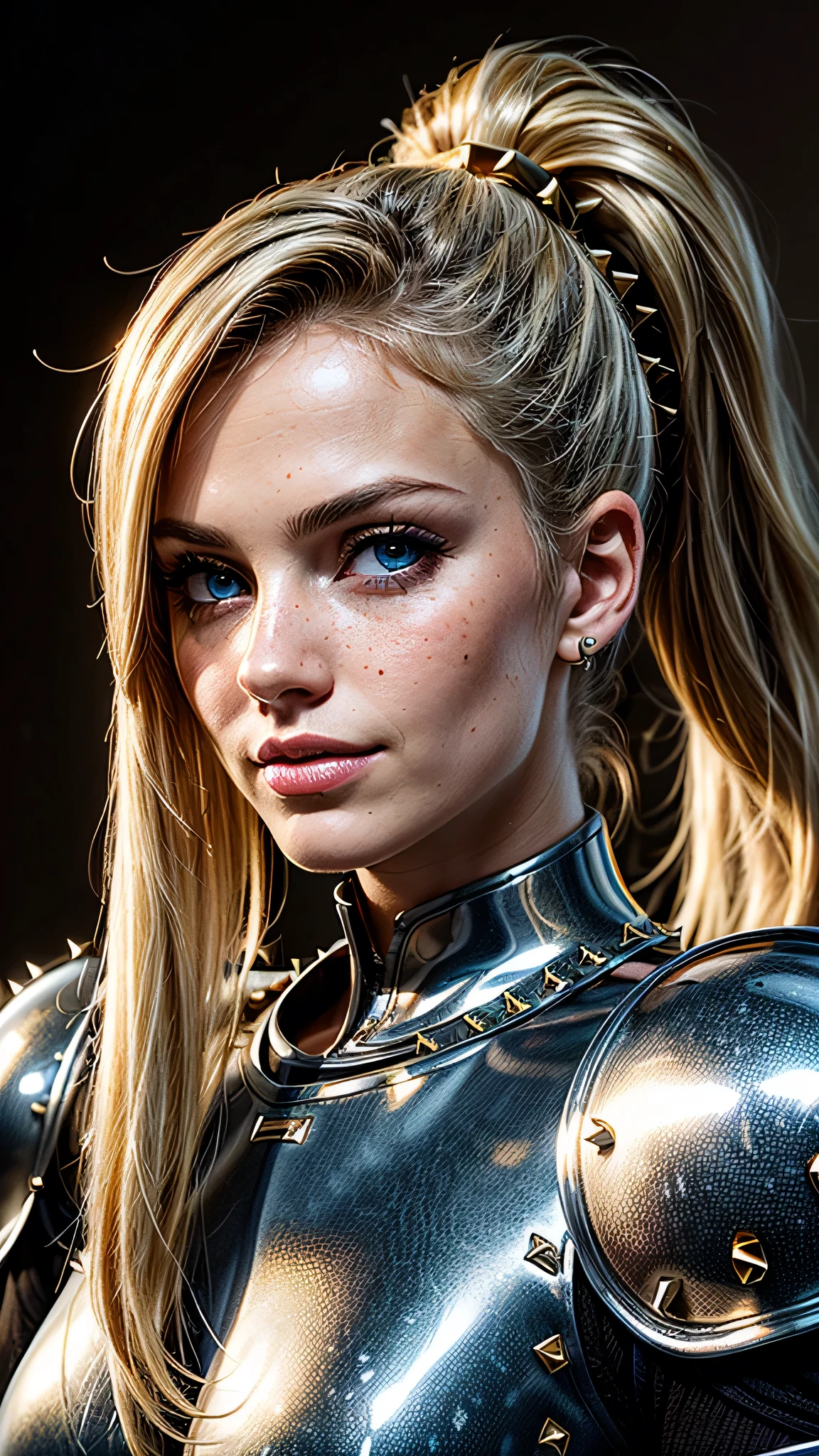 ((best quality: 1.5)) ((masterpiece: 0.8)), intricate details, sharp focus, professional, ((solo, 1girl) athletic cleric, (suntanned, dark skin, mysterious expression)), bright glow, dynamic pose, gorgeous, contoured shading, dark room, dark background, black background, solo, BREAK; BREAK ((smirking, ((long straight blonde hair, ponytail, portrait)), iceblue eyes)), ((freckles: 0.9)), ((fujicolor)), BREAK; BREAK ((((medieval (beige chrome paladin armor:1.8 (gold rivets))), photorealistic:1.4, hyper-realistic, professional lighting, photon mapping, radiosity, physically based rendering, ultra resolution, hyper-realistic, metal reflections)))
