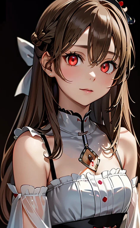 (Photorealistic:1.4)、(asuna,20-year-old:1.5),(masterpiece、lens flare:1.5、spot light:1.2、Exquisite beautiful eye:1.5,portlate),(kind eyes),()
、Cute Face、 3D Face、(brown hair:1.5)、(wavy hair:1.3),(1 woman)、(Red eyes:1.2)、(cowboy shot)、(clear face:1.5)、(head tilt) ,(Cute face:1.2),(flat chest),(),kind face,(white red lace frilled gothic ta),(black background:1.5)、(glowing eyes:1.3)、(little crown:1.3)、 Neat and clean、Adorable、Slim Body(Tareme:1.5),Shiny Hair、(Glowing pink Skin)、Nijisketch,Manga,beautifuljapanesewoman
