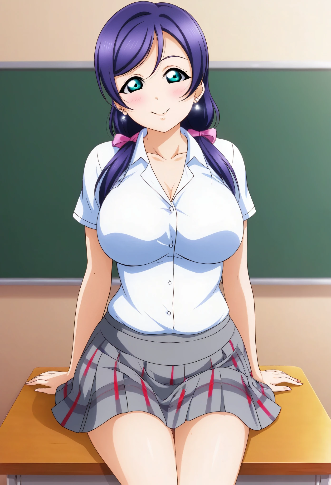 Masterpiece, best quality,Nozomi Tojo, cowboy shot,low twintails ,big breasts, shirt , skirt,earrings, in class, sitting above desk table, love live style 