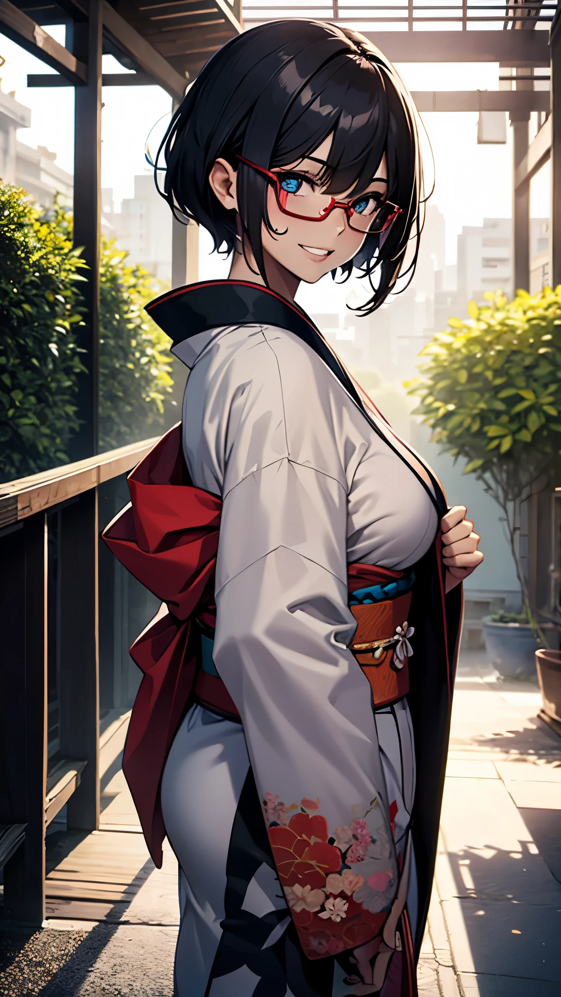 (1girl:1.3), Masterpiece, Best quality, amazing beauty, [[3D]], 4K, absurdres, finely detail, super detailed eye, perfect ???????, official art, cinematic lighting, BREAK, garden, silky pixie cut, black hair, super shiny detailed blue eyes, big eyes, tareme, cute eyes, thin eyebrow, Looking Over Shoulder, thin lips, toothy grin, mascara, Eyeshadow, red lips, red round cell frame glasses, blush, BREAK , big breasts, tall, medium, fair skin, sweaty skin, dancing, full body, from side, BREAK , (wearing beautiful kimono:1.2), BREAK,(Glasses)