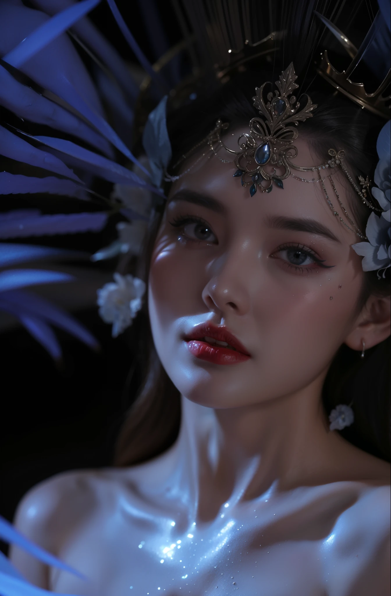 Royal princess，Super detailed, Delicate face, Stock Photography , Portrait 400, F1 Camera Lens.6, Colorful, Surrealism, Realistic textures, Dramatic Lighting, Thin Film Distiller 800 (8K, original photo, Better quality, masterpiece: 1.2), Super detailed, (Extremely delicate skin: 1.2), 8K Ultra HD, SLR camera, Soft Light, high quality.Fire Queen，Blue pupils，Apply red lipstick，Have a tattoo，The tattoo is very three-dimensional，Gorgeous and intricate tattoo designs，8K Mugshot，Large Breasts，Dark eyeshadow，Sexy thick lips(Red lipstick)，Ice Princess，The facial features are very three-dimensional，Wear lace prints，Forest Crown