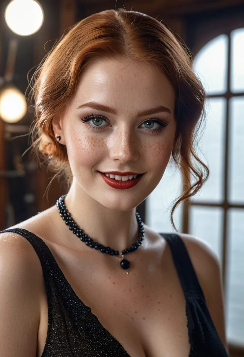 hyperrealistic beautiful busty 20-year-old woman with long legs wearing classic 1950s sciencefiction movie outfit, model shooting full body photography, natural redhead long straight hair, freckles, soaky wet skin, dark eye makeup with eyeliner, seductive smile, small necklace, 8K, Best quality, Meisterwerk, ultra high resolution, (Realismus: 1.4), Originalfoto, (realistische Hautstruktur: 1.3), (Filmkorn: 1.3), (Selfie-Winkel), 1 girl, Beautiful round hazel eyes and facial details, Meisterwerk, Best quality, indoor photography
