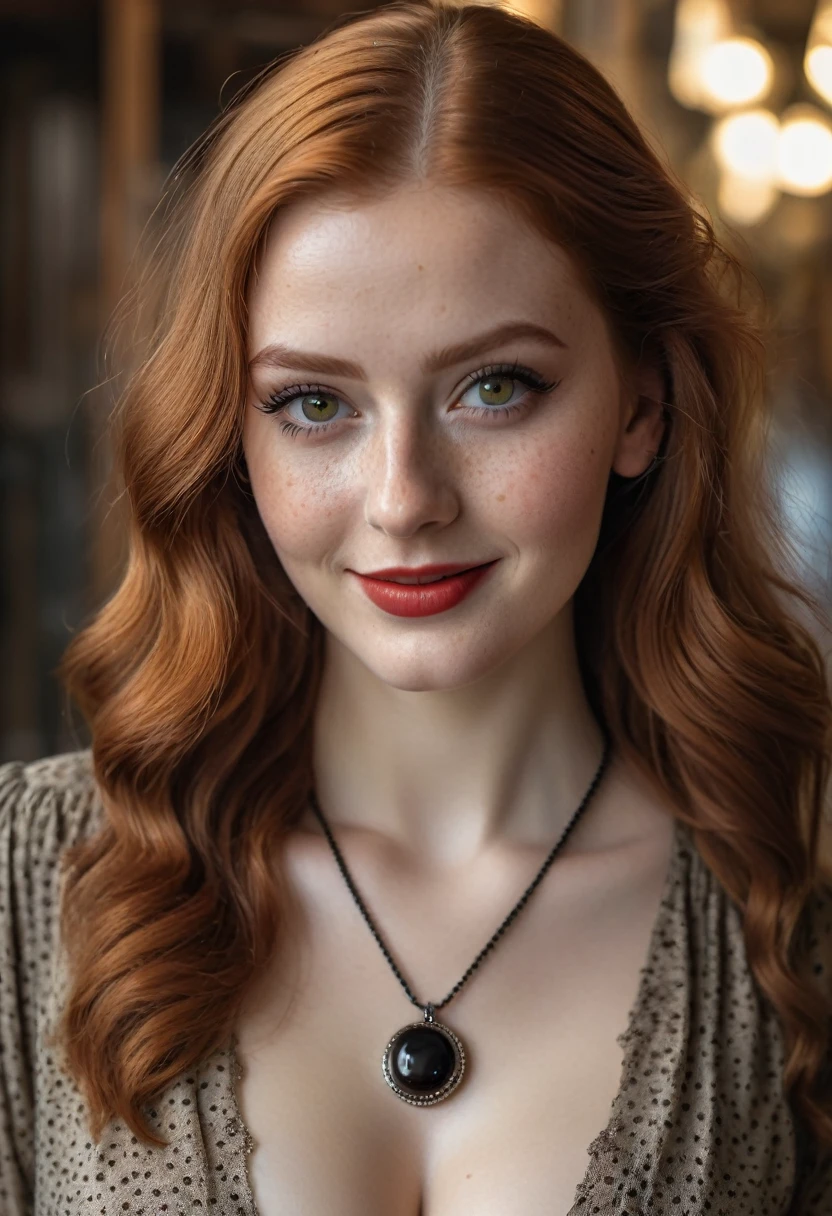 hyperrealistic beautiful busty 20-year-old woman with long legs wearing classic 1930s horror-movie outfit, model shooting full body photography, natural redhead long straight hair, freckles, soaky wet skin, dark eye makeup with eyeliner, seductive smile, small necklace, 8K, Best quality, Meisterwerk, ultra high resolution, (Realismus: 1.4), Originalfoto, (realistische Hautstruktur: 1.3), (Filmkorn: 1.3), (Selfie-Winkel), 1 girl, Beautiful round hazel eyes and facial details, Meisterwerk, Best quality, indoor photography

