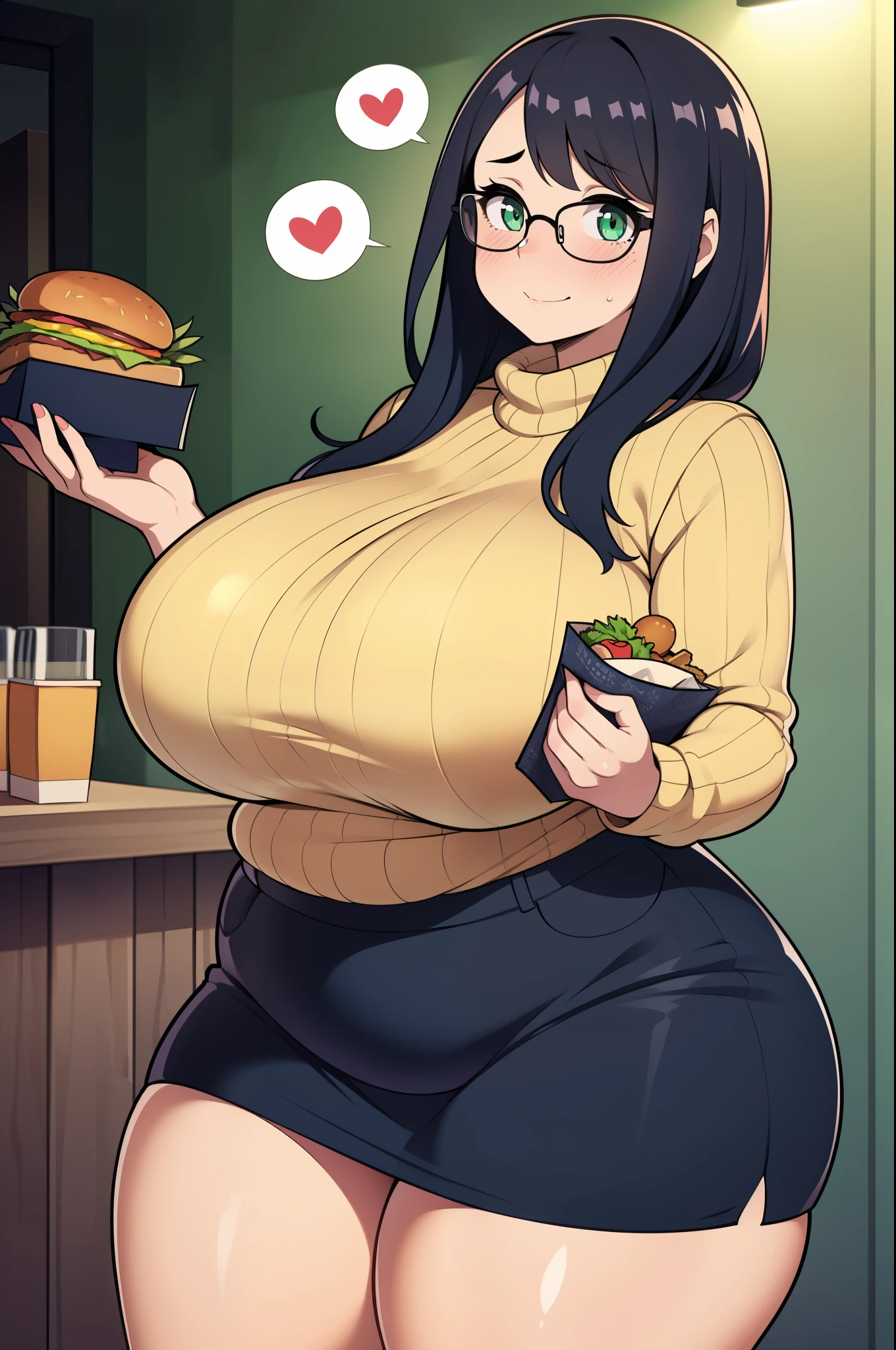 ((Masterpiece)), perfect anatomy, perfect shading, field of depth, (best quality), extremely delicate and beautiful, perfect lighting, detailed face, ultra cute face, cute, ((1girl)), ((solo))

long fluffy black hair, glasses, green eyes, ((blush)), nervous, spoken heart, looking at viewer, sweater, short skirt, large breasts, ((thick thighs)), (wide hips), ((plump)),

intricate background, detailed background, fast food restaurant,
