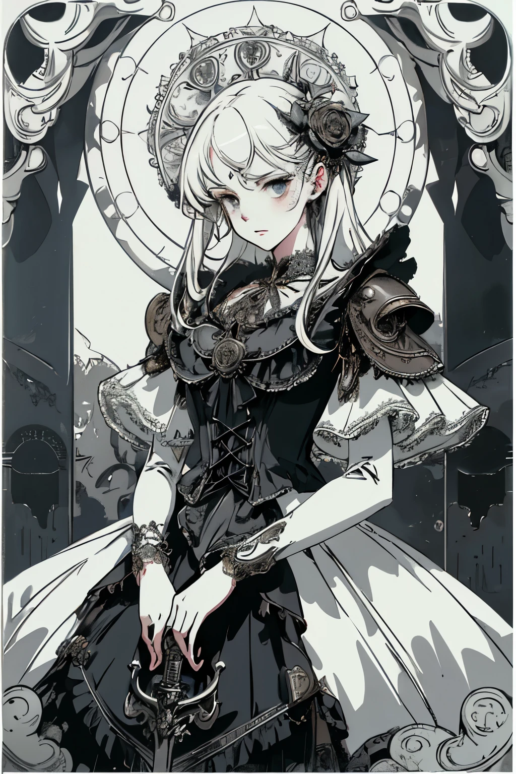 ((best quality)), ((masterpiece)), (detailed), perfect face ((best quality)), ((masterpiece)), (detailed), blank white background, plain background, white background, Bloodborne inspired, occult aesthetic, occult, detailed and intricate steampunk and detailed gothic, (zentangle, mandala, tangle, entangle), NSFW, torn clothing, Very dramatic and cinematic lighting, cosmic horror, grim-dark, side-lighting, perfect face, a beautiful goddess adorned and enshrined in armour, Bloodborne inspired , occult aesthetic , occult , detailed and intricate steampunk and detailed gothic , wielding a sword and holding a shield, NSFW, Fluttering lace flared dress with frilly petticoats, knee length dress, pleated petticoats, lolita dress, petticoats gothic lolita, side-lighting, gothic lolita aesthetic, beautiful small breasts, small breasts, full body, whole body, body, plain background, white background, blank background, no background, white background NSFW, full body, whole body, head-to-toe