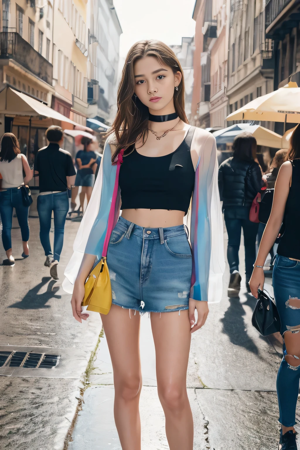 (( girl)), Sparkling brown hair, collar, Lock, Full Body Shot, Crowded street, Wearing a tank top, Jeans jacket, (Torn clothes:1.3)((Shorts)), (Nipple slip), (Highly detailed CG 8k wallpaper), (Very delicate and beautiful), (Tabletop), (highest quality:1.0), (超A high resolution:1.0),  Beautiful lighting ,Perfect Lightning, Realistic Shadows, [High resolution], Detailed skin, Super detailed (((colorful))),High Reality, (((Sheer))), ((Wet)), 14 years oldaution,