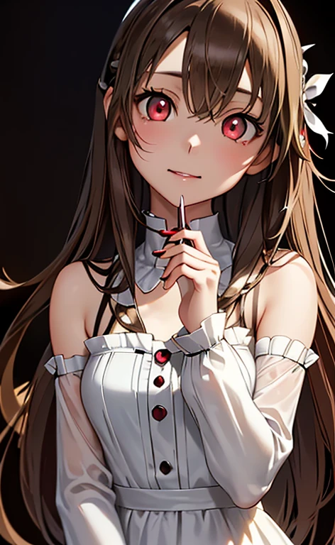 (Photorealistic:1.4)、(asuna,20-year-old:1.5),(masterpiece、lens flare:1.5、spot light:1.2、Exquisite beautiful eye:1.5,portlate),(kind eyes:1.2),(Demure:1.2)
、Cute Face、 3D Face、(brown hair:1.5)、(wavy hair:1.3),(1 woman)、(Red eyes:1.2)、(cowboy shot)、(clear face:1.5)、(head tilt) ,(Cute face:1.2),(flat chest),(),kind face,(white red lace frilled gothic ta),(black background:1.5)、(glowing eyes:1.3)、()、 Neat and clean、Adorable、Slim Body(Tareme:1.5),Shiny Hair、(Glowing pink Skin)、Nijisketch,Manga,beautifuljapanesewoman