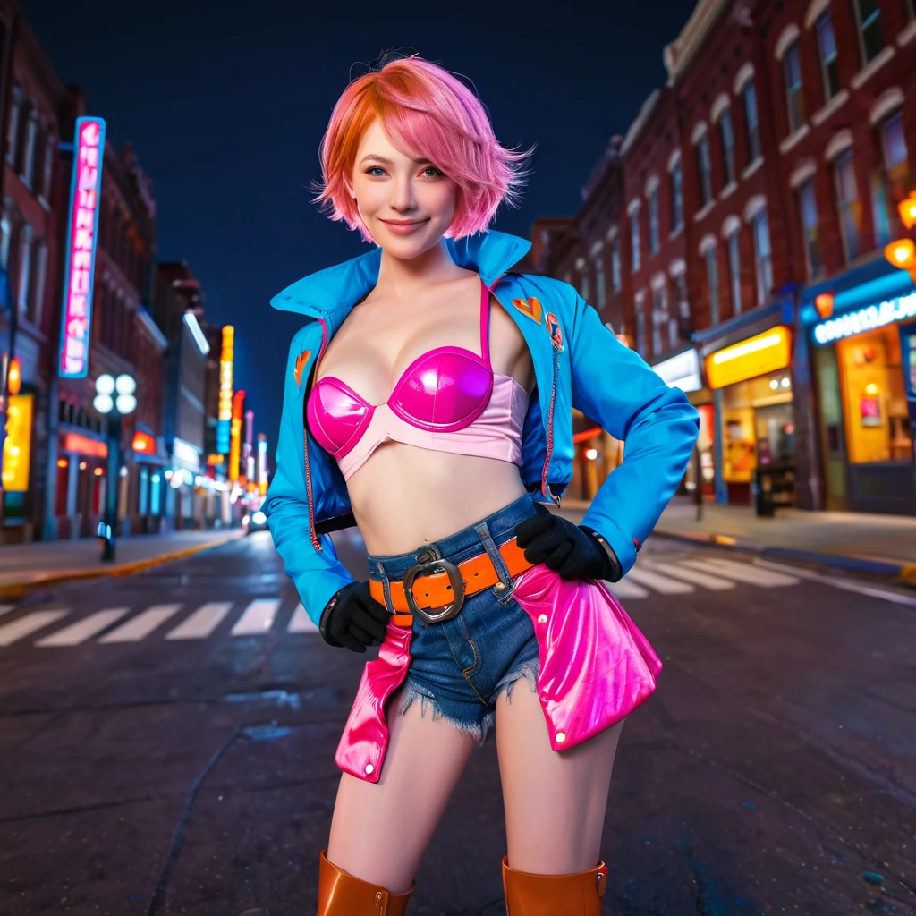 1 topless girl,cowboy shot, beautiful nora_valkyrie, looking at viewer, smile, short hair, blue eyes,heart cutout, gloves, jacket, pink skirt, pink belt, short sleeves, puffy sleeves, single armband, fingerless gloves, orange hair, pink gloves, dynamic pose, night, outdoors, city, (volumetric lighting), best quality, masterpiece, intricate details, tonemapping, sharp focus, hyper detailed, trending on Artstation, topless