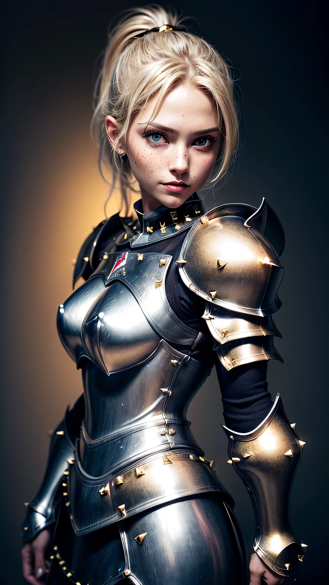 ((best quality: 1.5)) ((masterpiece: 0.8)), intricate details, sharp focus, professional, ((solo, 1girl) athletic cleric, (suntanned, dark skin, mysterious expression)), bright glow, dynamic pose, gorgeous, contoured shading, dark room, dark background, black background, solo, BREAK; BREAK ((smirking, ((long straight blonde hair, ponytail, portrait)), iceblue eyes)), ((freckles: 0.9)), ((film grain, fujicolor)), BREAK; BREAK ((((medieval (beige chrome paladin armor:1.8 (gold rivets))), photorealistic:1.4, hyper-realistic, professional lighting, photon mapping, radiosity, physically based rendering, ultra resolution, hyper-realistic, metal reflections)))
