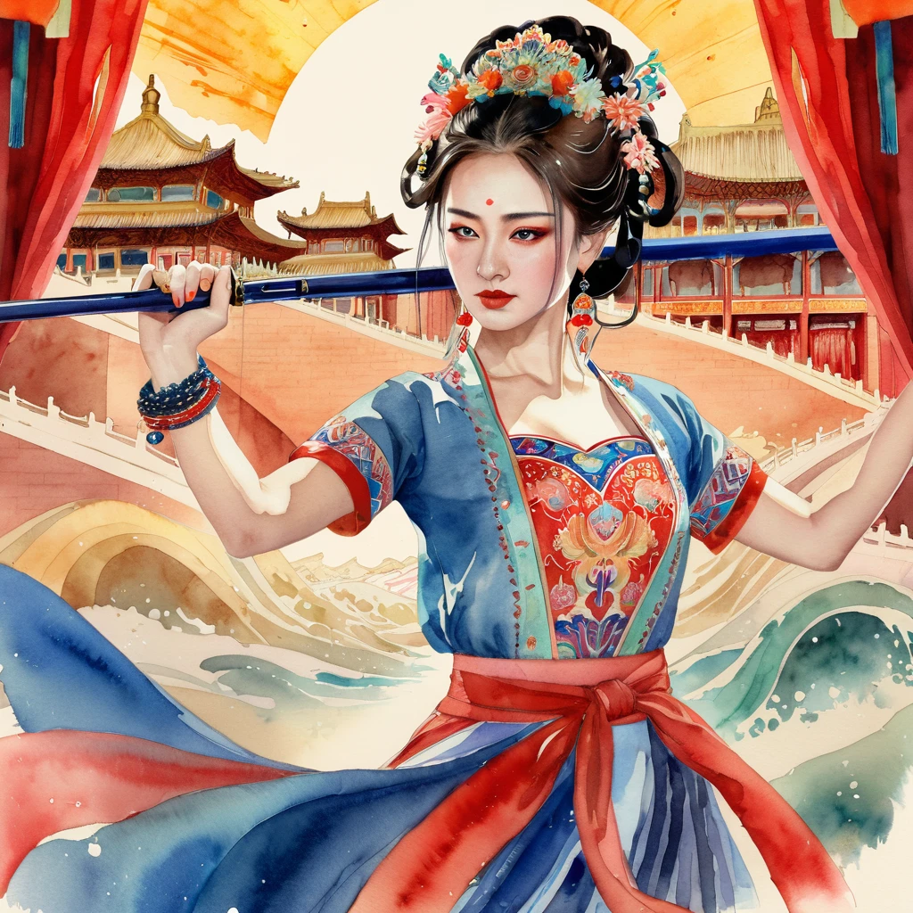 Best quality, masterpiece, super detailed high resolution, (realistic: 1.4), watercolor style, illustration, dazzling background color,, 1 Girl Holding Weapon, (Solo Exhibition: 1.2), (Denim Lens: 1.2), (Hair Crown: 1.2), Chinese Dunhuang Traditional Costume, No Straps, (Red Eyeliner: 1.2), (: 1.4), Earrings, Dynamic Angle, Opera House, messy_long_hair, Ink, Movie Lights, lens_flare, Velvet, Chrysanthemum, Tassels, Ribbons, Color Embroidery, topless