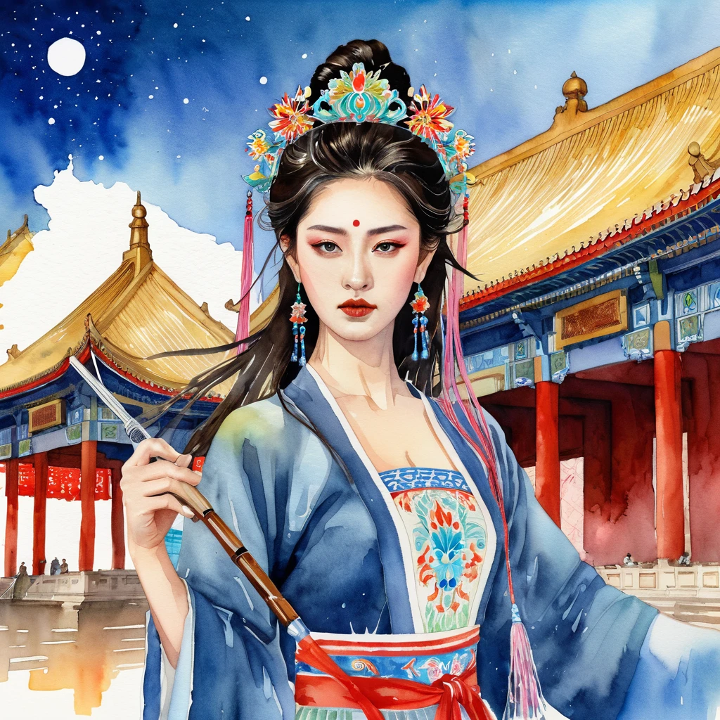 Best quality, masterpiece, super detailed high resolution, (realistic: 1.4), watercolor style, illustration, dazzling background color,, 1 Girl Holding Weapon, (Solo Exhibition: 1.2), (Denim Lens: 1.2), (Hair Crown: 1.2), Chinese Dunhuang Traditional Costume, No Straps, (Red Eyeliner: 1.2), (: 1.4), Earrings, Dynamic Angle, Opera House, messy_long_hair, Ink, Movie Lights, lens_flare, Velvet, Chrysanthemum, Tassels, Ribbons, Color Embroidery, topless