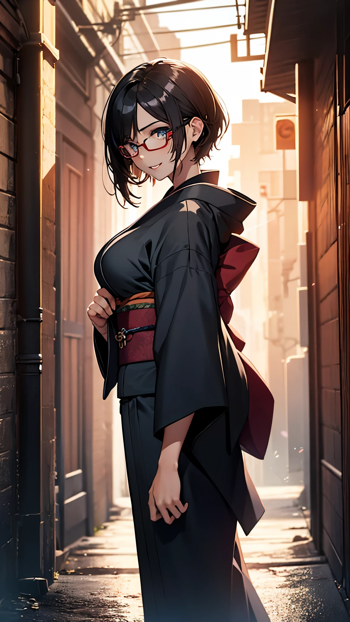 (1girl:1.3), Masterpiece, Best quality, amazing beauty, [[3D]], 4K, absurdres, finely detail, super detailed eye, perfect anatomy, official art, cinematic lighting, BREAK, garden, silky pixie cut, black hair, super shiny detailed blue eyes, big eyes, tareme, cute eyes, thin eyebrow, Looking Over Shoulder, thin lips, toothy grin, mascara, Eyeshadow, red lips, red round cell frame glasses, blush, BREAK , big breasts, tall, medium, fair skin, sweaty skin, dancing, full body, from side, BREAK , (wearing beautiful kimono:1.2), BREAK,(Glasses)