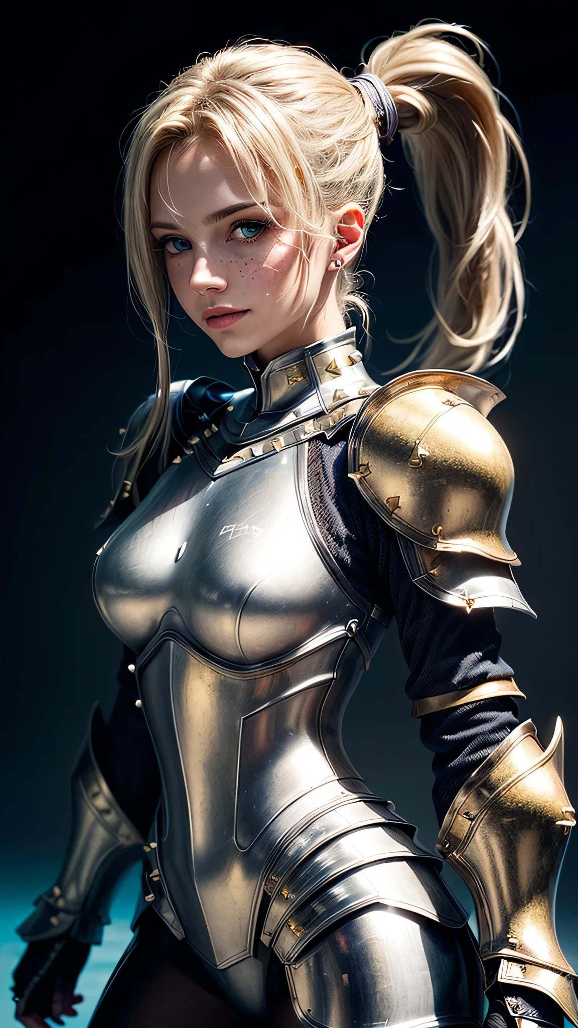 ((best quality: 1.5)) ((masterpiece: 0.8)), intricate details, sharp focus, professional, ((solo, 1girl) athletic cleric, (suntanned, dark skin, mysterious expression)), bright glow, dynamic pose, gorgeous, contoured shading, dark room, dark background, black background, solo, BREAK; BREAK ((smirking, ((long straight blonde hair, ponytail, portrait)), iceblue eyes)), ((freckles: 0.9)), ((film grain, fujicolor)), BREAK; BREAK ((((medieval (beige chrome paladin armor:1.8 (gold rivets))), photorealistic:1.4, hyper-realistic, professional lighting, photon mapping, radiosity, physically based rendering, ultra resolution, hyper-realistic, metal reflections)))