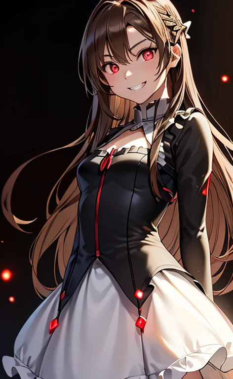 (Photorealistic:1.4)、(asuna,20-year-old:1.5),(masterpiece、lens flare:1.5、spot light:1.2、Exquisite beautiful eye:1.5,portlate),(kind eyes:1.2),(Demure:1.2)
、Cute Face、 3D Face、(brown hair:1.5)、(wavy hair:1.3),(1 woman)、(Red eyes:1.2)、(cowboy shot)、(evil grin:1.5)、(head tilt) ,(Cute face:1.2),(flat chest),(),kind face,(white red lace frilled gothic ta),(black background:1.5)、(glowing eyes:1.3)、()、 Neat and clean、Adorable、Slim Body(Tareme:1.5),Shiny Hair、(Glowing pink Skin)、Nijisketch,Manga,beautifuljapanesewoman