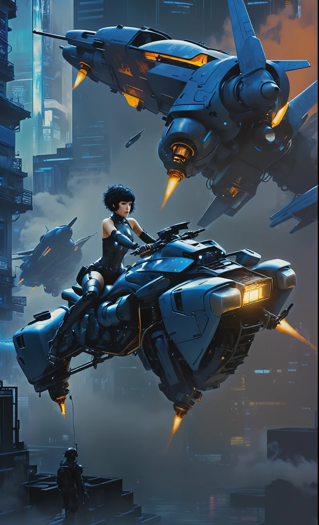 Ghost in the Shell Vol.2, by Luis Duarte, Luis Duarte style, blue and black shading, Neo-Tokyo style, Element Air, Mythpunk, Graphic Interface, Sci-Fic Art, Dark Influence, NijiExpress 3D v3, Kinetic Art, Datanoshing, Oilpainting, Ink v3, Splash style, Abstract Art, Abstract Tech, Cyber Tech Elements, Futuristic, Illustrated v3, Deco Influence, AirBrush style, drawing