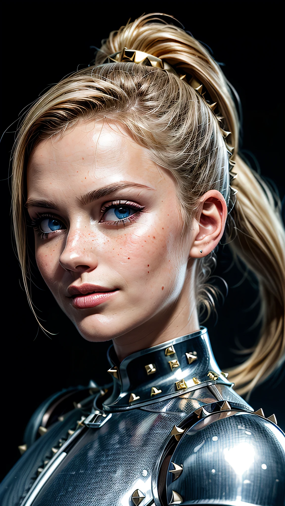 ((best quality: 1.5)) ((masterpiece: 0.8)), intricate details, sharp focus, professional, ((solo, 1girl) athletic cleric, (suntanned, dark skin, mysterious expression)), bright glow, dynamic pose, gorgeous, contoured shading, dark room, dark background, black background, solo, BREAK; BREAK ((smirking, ((long straight blonde hair, ponytail, portrait)), iceblue eyes)), ((freckles: 0.9)), ((film grain, fujicolor)), BREAK; BREAK ((((medieval (white chrome paladin armor:1.8 (gold rivets))), photorealistic:1.4, hyper-realistic, professional lighting, photon mapping, radiosity, physically based rendering, ultra resolution, hyper-realistic, metal reflections)))