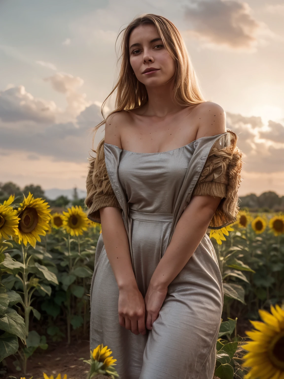 LaGermania, a 27-year-old blond woman, standing amidst a field of vibrant sunflowers.
LaGermania stands amidst a sprawling field of vibrant sunflowers, their golden petals reaching towards the sun as if seeking its warm embrace. The air is alive with the buzzing of bees and the chirping of birds, as they flit from flower to flower, pollinating the blooms. LaGermania's face is illuminated by the soft golden light of the setting sun, her eyes sparkling with wonder as she takes in the breathtaking beauty of the scene. The earth beneath her feet is soft and yielding, carpeted with a thick layer of sun-warmed soil and fallen petals. In the distance, a gentle breeze rustles through the sunflowers, causing them to sway and dance in a mesmerizing display of natural beauty. The scent of wildflowers and earth fills the air, mingling with the subtle fragrance of LaGermania's perfume. It's a scene straight out of a dream, and LaGermania feels a sense of peace and contentment wash over her as she stands amidst the sunflowers, lost in the moment.

