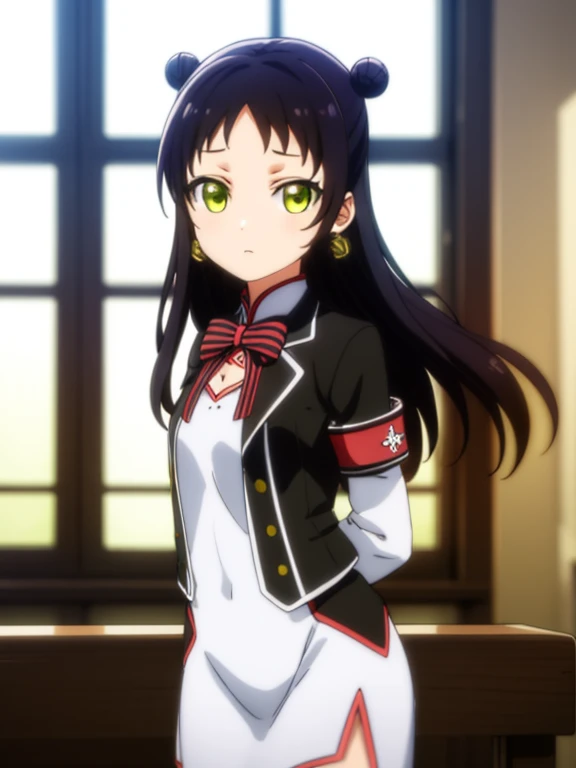 teriawang, teria wang, long hair, black hair, (green eyes:1.3), hair bun, double bun,
BREAK dress, earrings, chinese clothes, armband, bow, , jacket, striped, white dress,
BREAK indoors, classroom,
BREAK looking at viewer, (cowboy shot:1.5),
BREAK (masterpiece:1.2), best quality, high resolution, unity 8k wallpaper, (illustration:0.8), (beautiful detailed eyes:1.6), extremely detailed face, perfect lighting, extremely detailed CG, (perfect hands, perfect anatomy),