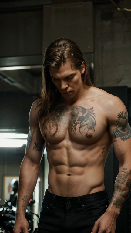 A strong, tall man, a member of a motorcycle club, with shoulder-length dark blond hair and blue eyes. He is shirtless, showing off his striking tattoos. On the left chest, the names "Mackenzie" and "Michael" are tattooed in a stylized way. On his right arm, the phrase "Semper Fi" is tattooed in bold italic letters, just below, the symbol of the United States Marine Corps, which includes an eagle, a globe and an anchor. On the back, a large symbol of the club: a fierce wolf with a skull. On the left arm, a scales of justice with a coiled snake on one plate and a wolf skull on the other. The expression on the man's face is serious and determined, reflecting his spirit of strength and loyalty.