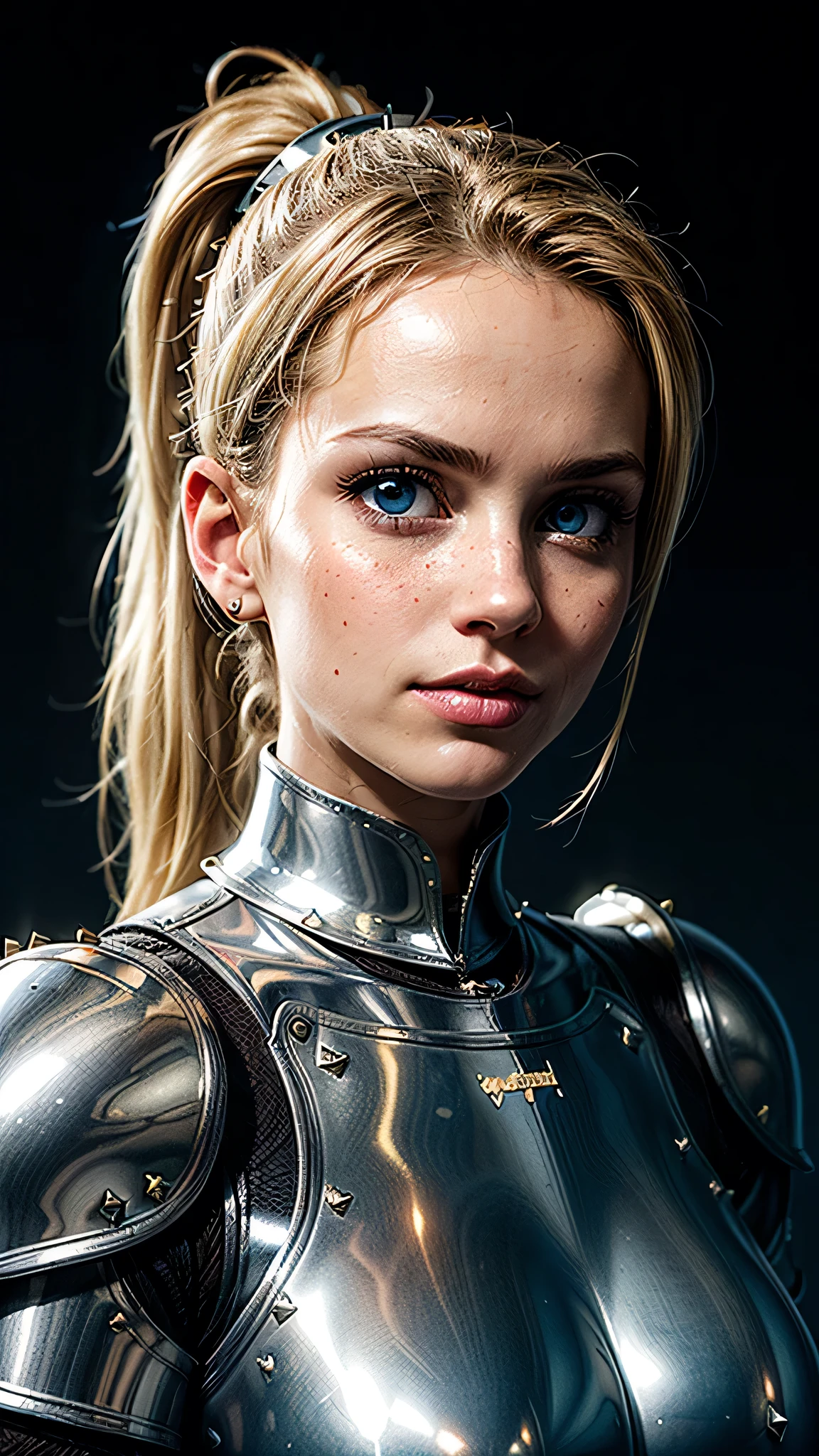 ((best quality: 1.5)) ((masterpiece: 0.8)), intricate details, sharp focus, professional, ((solo, 1girl) athletic cleric, (suntanned, dark skin, mysterious expression)), bright glow, dynamic pose, gorgeous, contoured shading, dark room, dark background, black background, solo, BREAK; BREAK ((smirking, ((long straight blonde hair, ponytail, portrait)), iceblue eyes)), ((freckles: 0.9)), ((film grain, fujicolor)), BREAK; BREAK ((((medieval (white chrome paladin armor:1.8 (gold rivets))), photorealistic:1.4, hyper-realistic, professional lighting, photon mapping, radiosity, physically based rendering, ultra resolution, hyper-realistic, metal reflections)))