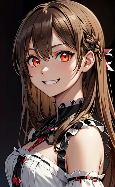 (Photorealistic:1.4)、(asuna,20-year-old:1.5),(masterpiece、lens flare:1.5、spot light:1.2、Exquisite beautiful eye:1.5,portlate),(kind eyes:1.2),(Demure:1.2)
、Cute Face、 3D Face、(brown hair:1.5)、(wavy hair:1.3),(1 woman)、(Red eyes:1.2)、(cowboy shot)、(evil grin:1.5)、(head tilt) ,(Cute face:1.2),(flat chest),(),kind face,(white red lace frilled gothic ta),(black background:1.5)、(glowing eyes:1.3)、()、 Neat and clean、Adorable、Slim Body(Tareme:1.5),Shiny Hair、(Glowing pink Skin)、Nijisketch,Manga,beautifuljapanesewoman
