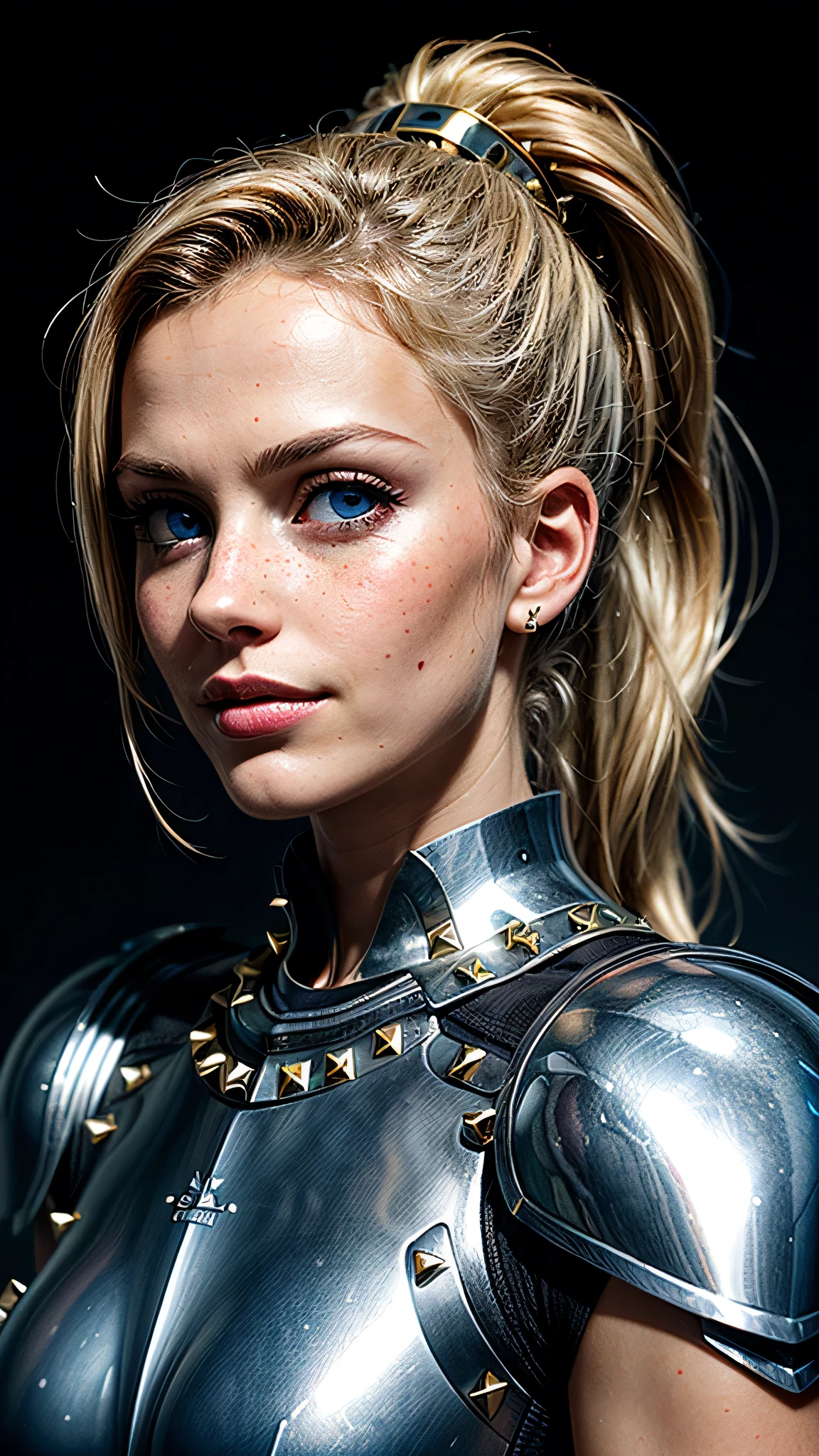 ((best quality: 1.5)) ((masterpiece: 0.8)), intricate details, sharp focus, professional, ((solo, 1girl) athletic cleric, (suntanned, dark skin, mysterious expression)), bright glow, dynamic pose, gorgeous, contoured shading, dark room, dark background, black background, solo, BREAK; BREAK ((smirking, ((long straight blonde hair, ponytail, portrait)), iceblue eyes)), ((freckles: 0.9)), ((film grain, fujicolor)), BREAK; BREAK ((((medieval (white chrome paladin armor:1.8 (gold rivets))), photorealistic:1.4, hyper-realistic, professional lighting, photon mapping, radiosity, physically based rendering, ultra resolution, hyper-realistic, metal reflections)))
