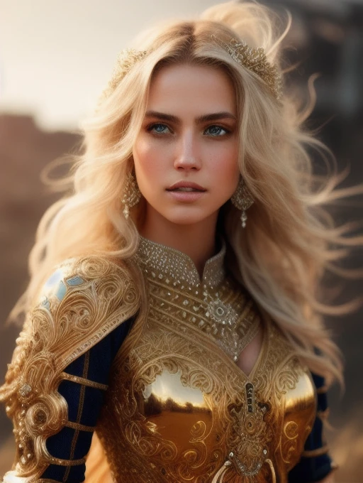 full body wide shot, beautiful woman, extremely beautiful face, messy windy blonde hair, warrior wearing heavy golden body armor insanely detailed and intricate , hypermaximalist, elegant, ornate, hyper realistic, super detailed, cinematic light, dark fantasy, ConceptArtWorld, apocalyptic,grouchy, masterpiece,