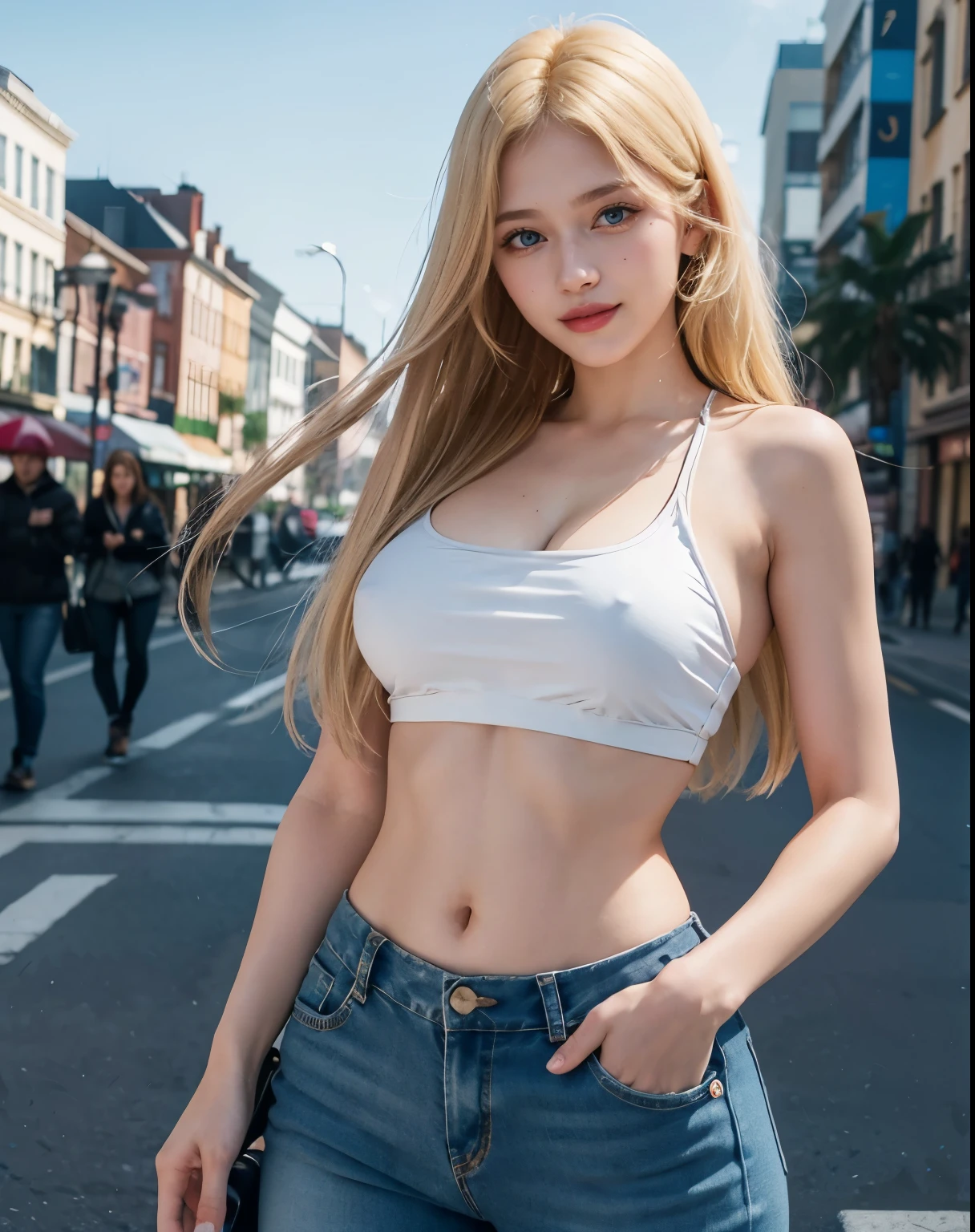 1girl, (Blue Eyes), (smiling :1.2), (Sana Minatozaki), (wide hips), Big tits, (big ass), (Best Quality, 8k, Masterpiece: 1.3), Clear Focus: 1.2, Perfect Body Beauty: 1.4, strong abs, Highly detailed face and skin texture, detailed eyes, double eyelids, (blonde long straight hair :1.2), white scoop top, jeans, Upper Body, Looking at the audience, standing, Show me your ears, on the streets of a city, Face close-up, Tall Portrait