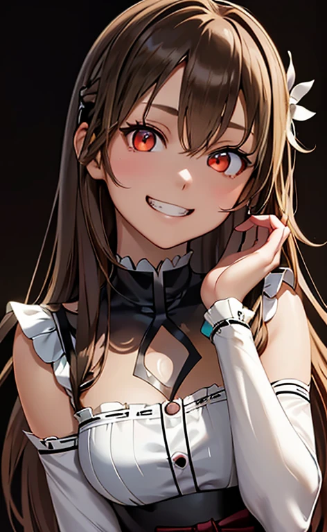 (Photorealistic:1.4)、(asuna,20-year-old:1.5),(masterpiece、lens flare:1.5、spot light:1.2、Exquisite beautiful eye:1.5,portlate),(kind eyes:1.2),(Demure:1.2)
、Cute Face、 3D Face、(brown hair:1.5)、(wavy hair:1.3),(1 woman)、(Red eyes:1.2)、(cowboy shot)、(evil grin:1.5)、(head tilt) ,(Cute face:1.2),(flat chest),(),kind face,(white red lace frilled gothic lolita),(black background:1.5)、(glowing eyes:1.3)、()、 Neat and clean、Adorable、Slim Body(Tareme:1.5),Shiny Hair、(Glowing pink Skin)、Nijisketch,Manga,beautifuljapanesewoman