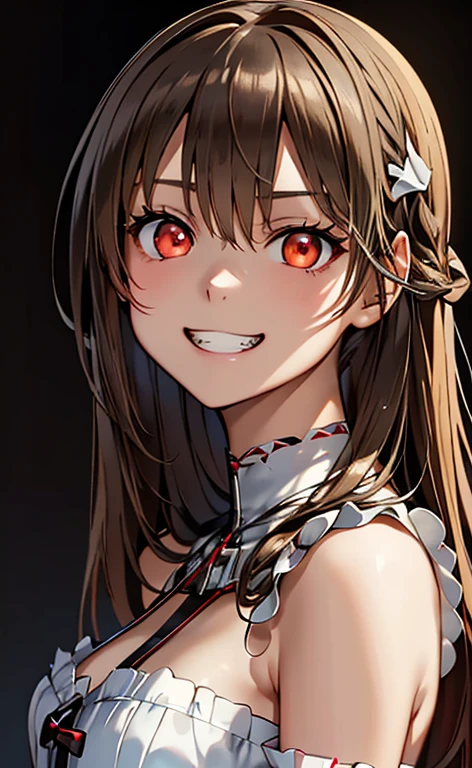 (Photorealistic:1.4)、(asuna,20-year-old:1.5),(masterpiece、lens flare:1.5、spot light:1.2、Exquisite beautiful eye:1.5,portlate),(kind eyes:1.2),(Demure:1.2)
、Cute Face、 3D Face、(brown hair:1.5)、(wavy hair:1.3),(1 woman)、(Red eyes:1.2)、(cowboy shot)、(evil grin:1.5)、(head tilt) ,(Cute face:1.2),(flat chest),(),kind face,(white red lace frilled gothic lolita),(black background:1.5)、(glowing eyes:1.3)、()、 Neat and clean、Adorable、Slim Body(Tareme:1.5),Shiny Hair、(Glowing pink Skin)、Nijisketch,Manga,beautifuljapanesewoman