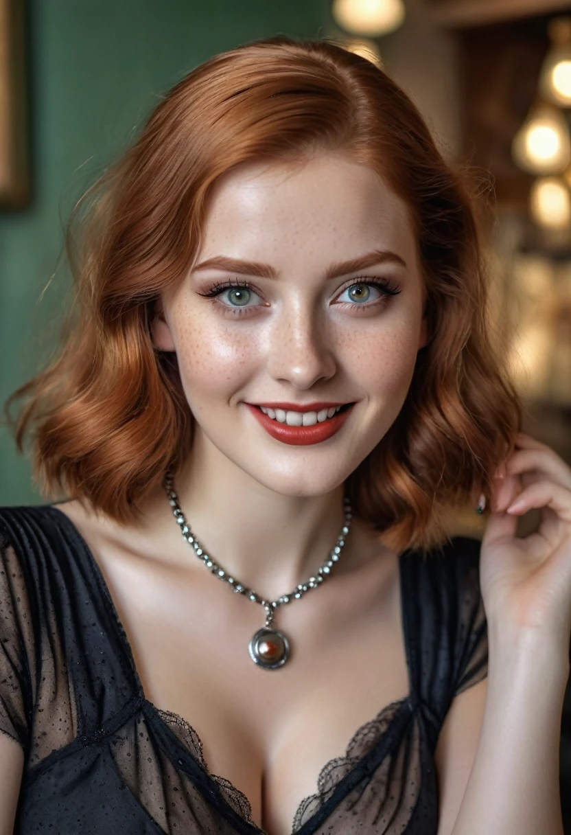 hyperrealistic beautiful busty 20-year-old woman with long legs wearing classic 1930s horror-movie dress outfit, model shooting full body photography, natural redhead long straight hair, freckles, soaky wet skin, dark eye makeup with eyeliner, seductive smile, small necklace, 8K, Best quality, Meisterwerk, ultra high resolution, (Realismus: 1.4), Originalfoto, (realistische Hautstruktur: 1.3), (Filmkorn: 1.3), (Selfie-Winkel), 1 girl, Beautiful round hazel eyes and facial details, Meisterwerk, Best quality, indoor photography