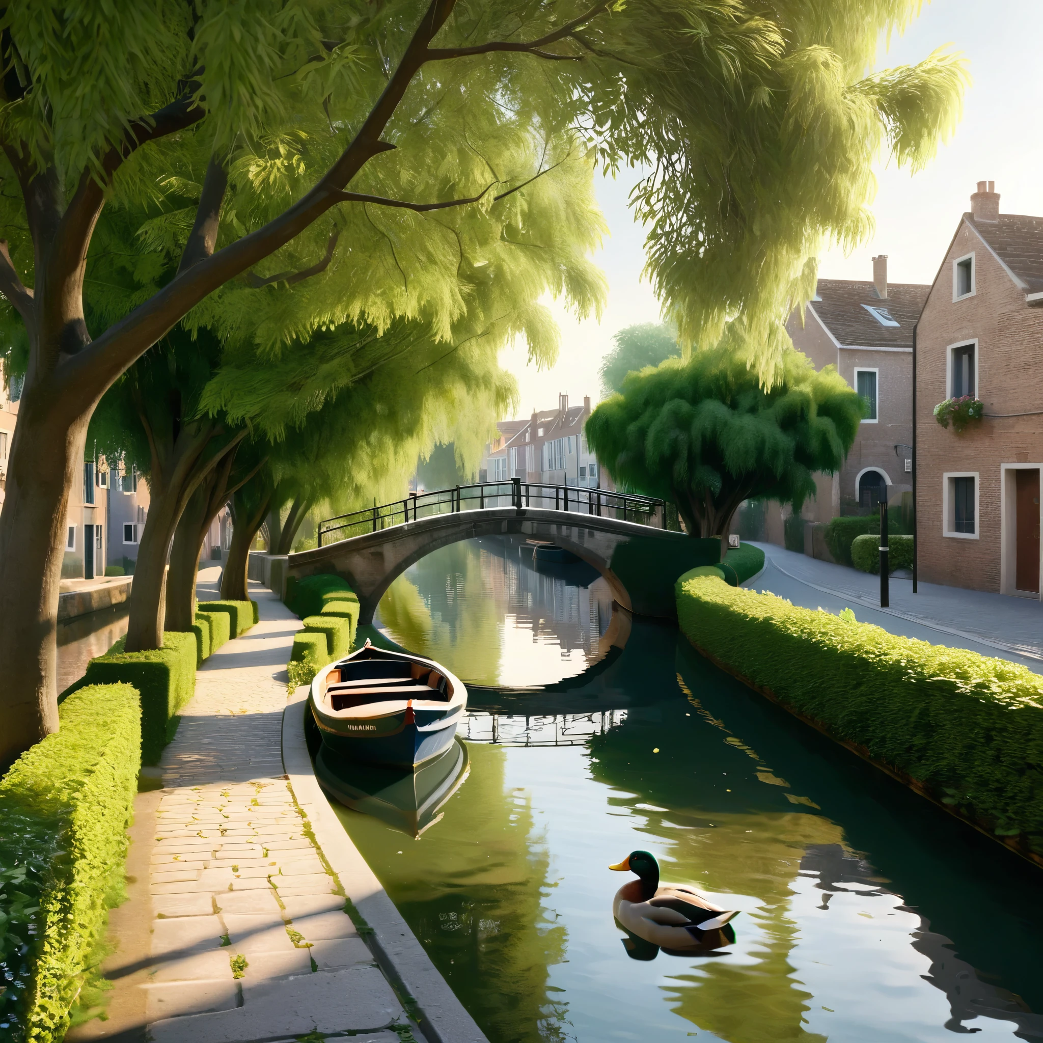 A tranquil canal scene with a paved walkway running along the right side, bordered by well-manicured bushes and lush green foliage. A small wooden boat is docked by the canal, its bow slightly pointing towards the water. The canal itself is calm, with gentle ripples created by a group of ducks swimming near the center. Overhanging the canal is a large, leafy tree branch adorned with several hanging lanterns of various shapes and sizes. The lanterns are made of intricate glass and metal, casting a warm, soft glow. In the background, a white arched bridge spans the canal, with houses lining the opposite bank. The entire scene is bathed in the golden light of either early morning or late afternoon, creating a serene and picturesque atmosphere., hyper realistic, 8k, vibrant colors