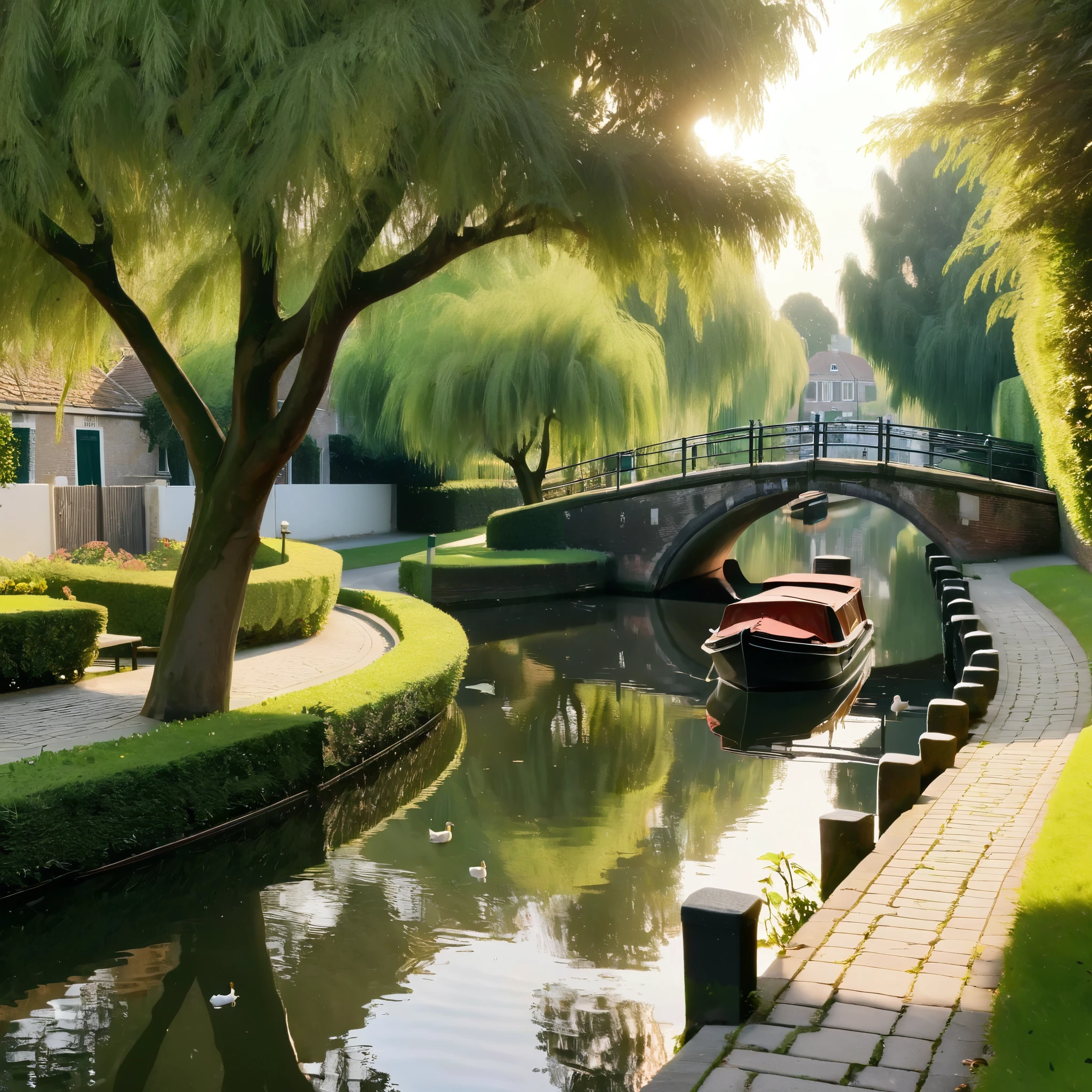 A tranquil canal scene with a paved walkway running along the right side, bordered by well-manicured bushes and lush green foliage. A small wooden boat is docked by the canal, its bow slightly pointing towards the water. The canal itself is calm, with gentle ripples created by a group of ducks swimming near the center. Overhanging the canal is a large, leafy tree branch adorned with several hanging lanterns of various shapes and sizes. The lanterns are made of intricate glass and metal, casting a warm, soft glow. In the background, a white arched bridge spans the canal, with houses lining the opposite bank. The entire scene is bathed in the golden light of either early morning or late afternoon, creating a serene and picturesque atmosphere., hyper realistic, 8k, vibrant colors