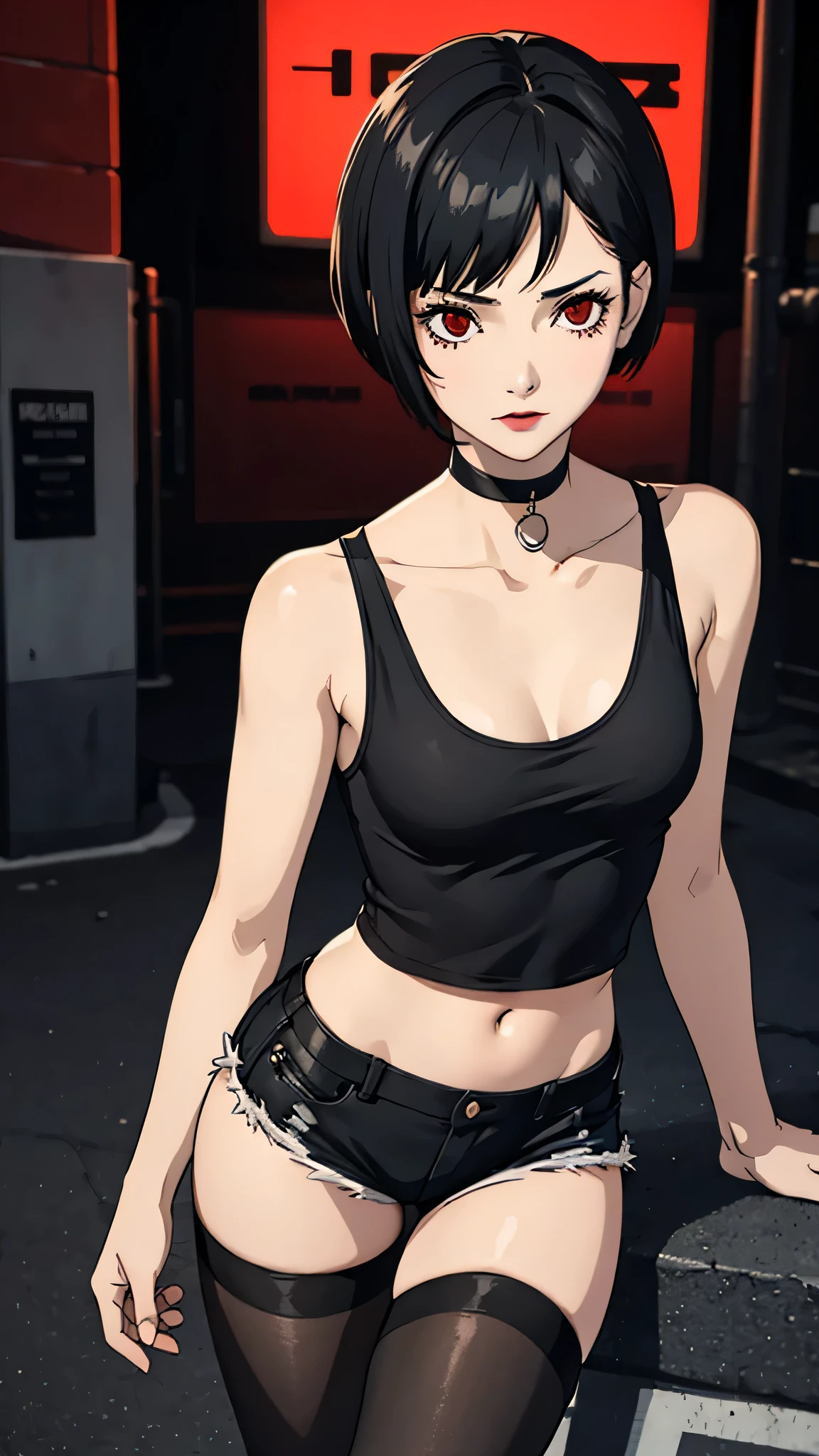 1 girl, Red eyes, very Short hair, black choker, Black lipstick, cowboy shot, shy face, black hair, female , ear piercings, tank top, micro shorts, stockings , small breast, street background 