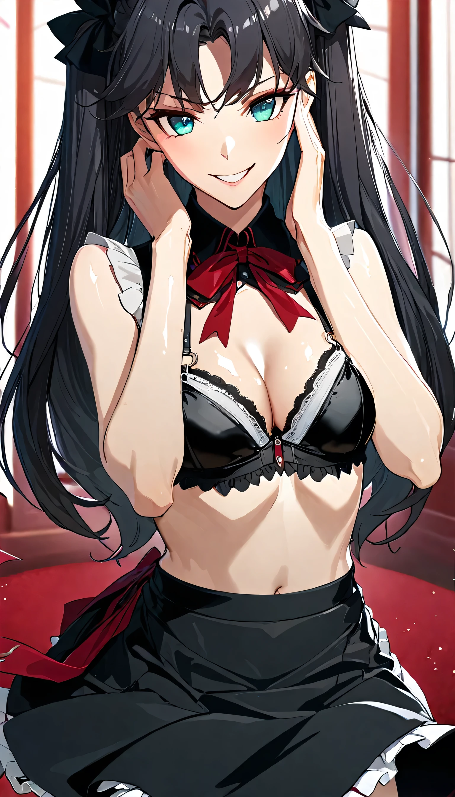 (masterpiece), best quality, expressive eyes, ultra detailed, intricate details, 1girl, aqua eyes, black hair, long hair, black ribbons, sidelocks, parted bangs, rin tohsaka, black hair ribbons, two side up, wearing black bra, with maid skirt, posing, black bra, maid skirt, full body in shot, home background, smirking, arms on face, cleavage revealing, wearing a bra only and maid skirt, slightly close up, medium breasts, waist and stomach revealing, moist skin, shiny breasts